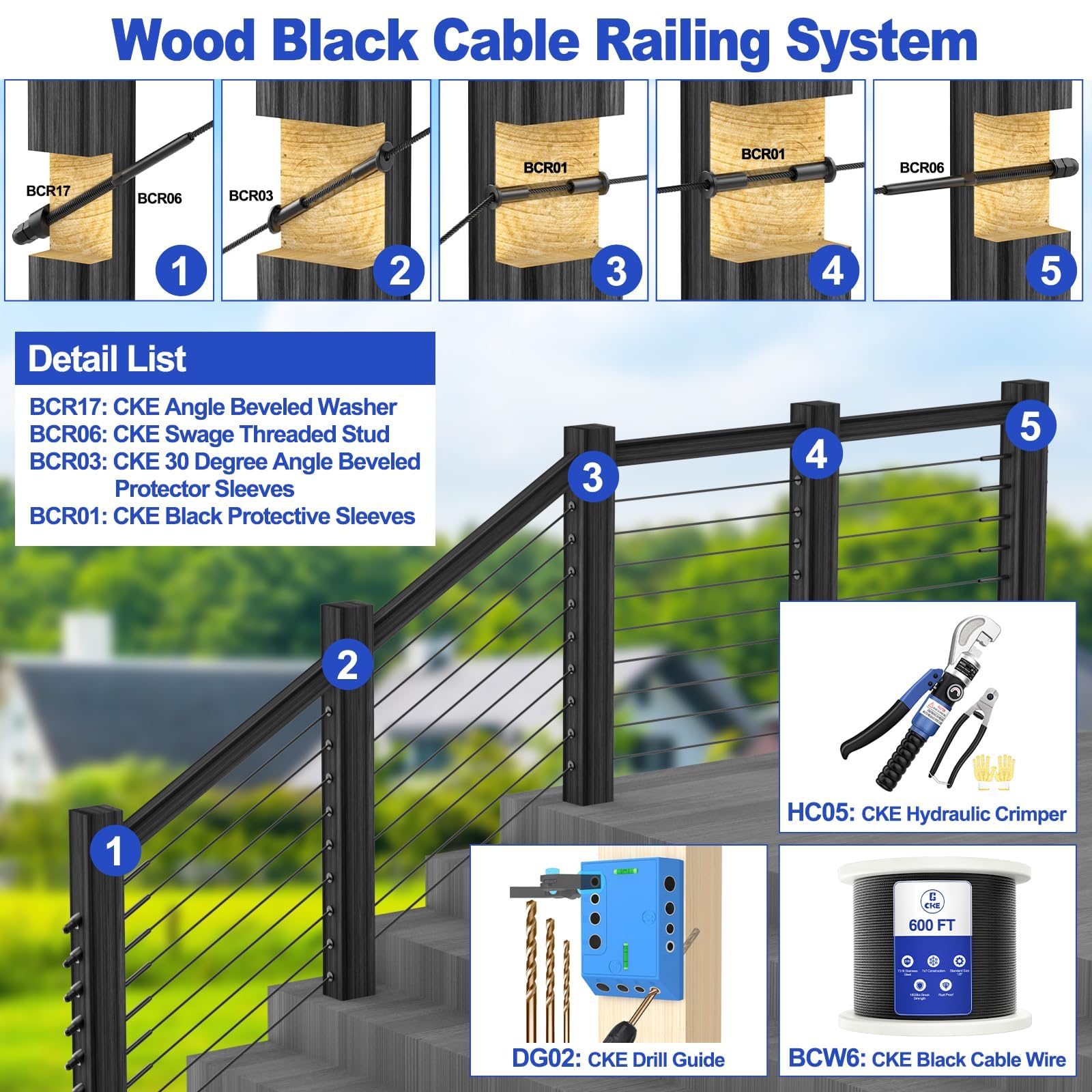 CKE Paquete de 40 fundas protectoras negras de acero inoxidable T316 para barandillas de cables de 1/8, 5/32 o 3/16 pulgadas, para barandilla de cables de 1/8, 5/32 o 3/16 pulgadas, BCR01-3/16