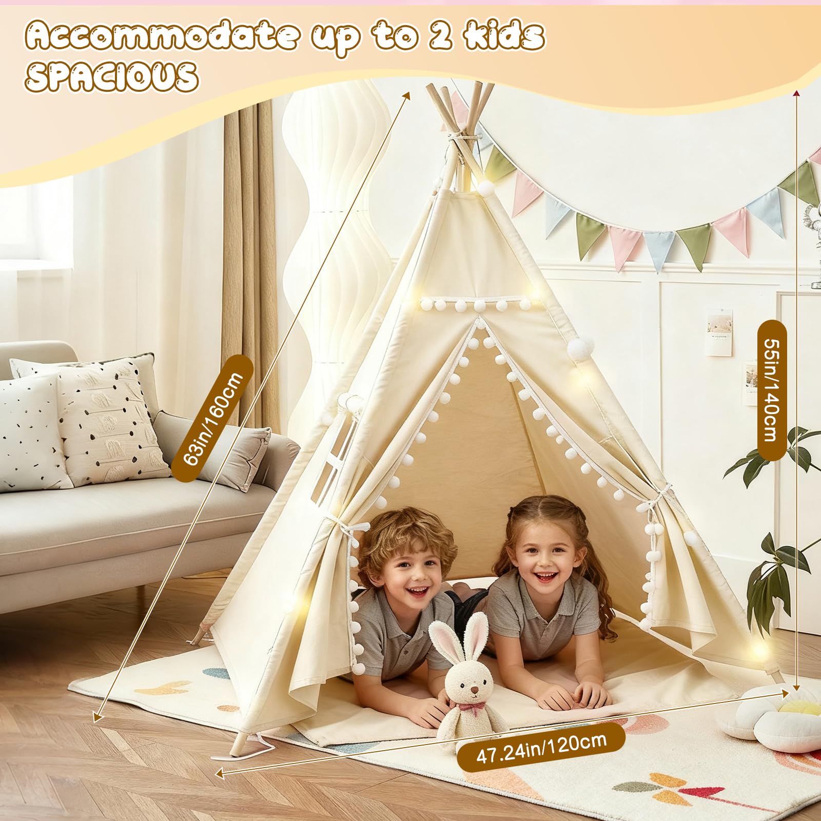 Tipi Zelt für Kinder, Tippi Kinderzelt Indoor/Outdoor, 120x140cm Segeltuch Kinderzelt Tipi Zelt, Spielhaus mit Lichterkette und Aufbewahrungstasche für Drinnen Oder Draußen