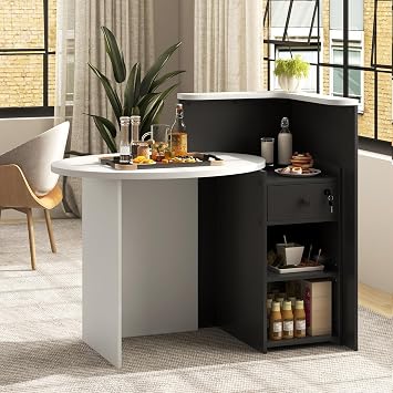 Reception Desk, Small Retail Checkout Counter with Lockable Drawer and Open Shelves, Wooden Front Desk Reception Counter, Oval Desktop & L Counter for Store Office Lobby Salon Black