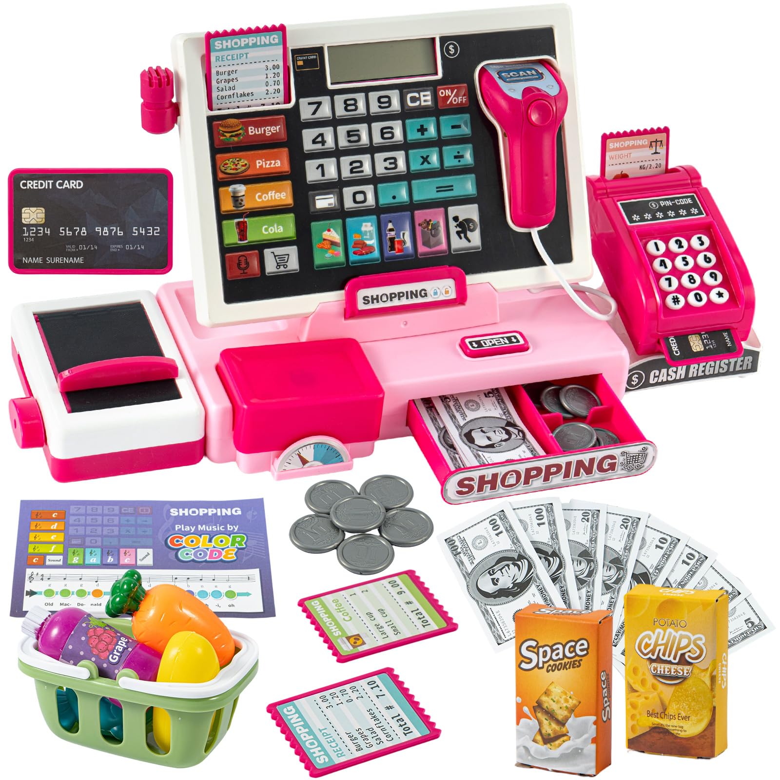 SUNNYNEST Kids Pretend Play Toy Till Cash Register Toy Playset Children Shopping Cashier Play Till Childs Supermarket Shop Toys Educational Learning Toy for Boys & Girls Ages 3+ (Pink)
