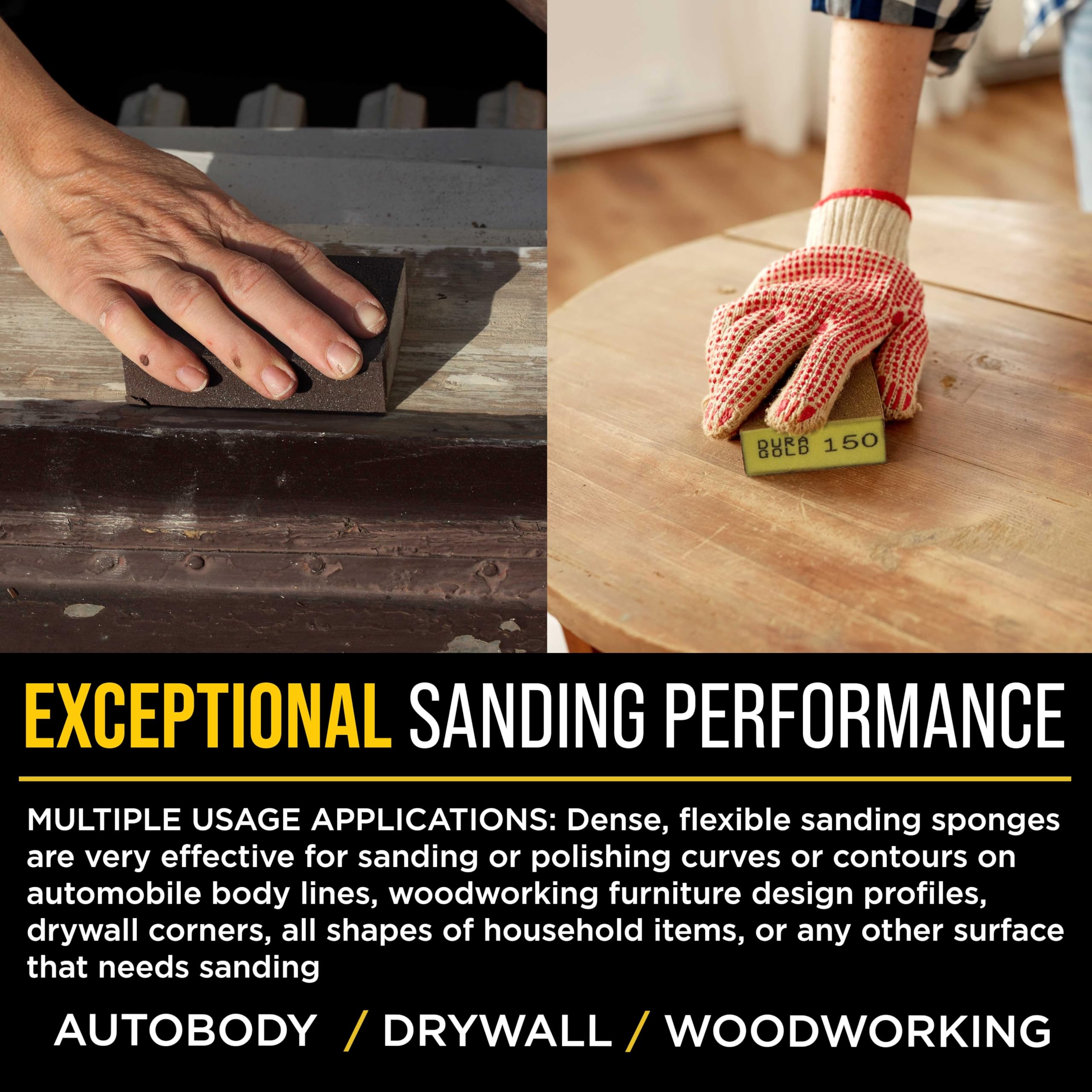 Dura-Gold Performance Flex - Esponjas de bloque de lijado a mano de 4 lados de grano 150, 6 unidades, 3.9 x 2.75 x 1 pulgada, almohadillas de papel de lija abrasivo flexibles en húmedo o seco,