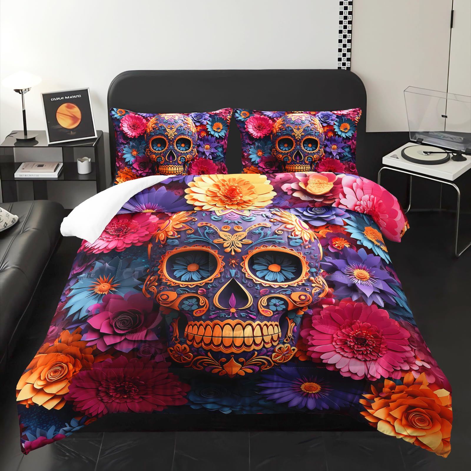 Pink Sugar Skull King Size Comforter Set，Girls Colorful Floral Skull King Size Bedding Set，with 1 Comforter with 2 Pillow Case