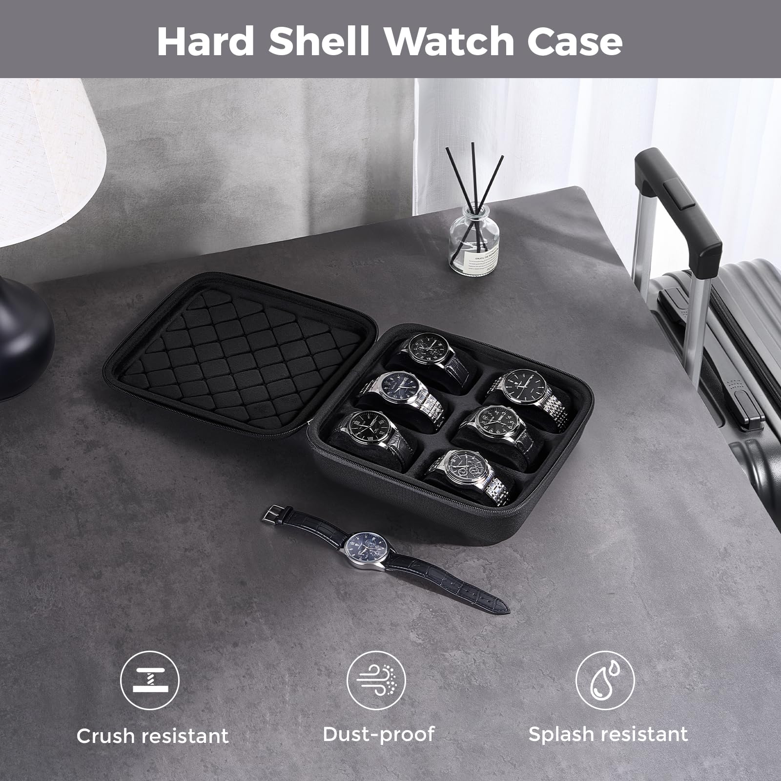 ProCase Uhrengehäuse Reise-Uhrenetui mit 6 Fächern, Tragbare Uhrenbox Aufbewahrungsbox für Uhren, Watch Travel Case Organizer für Damen Herren -Schwarz
