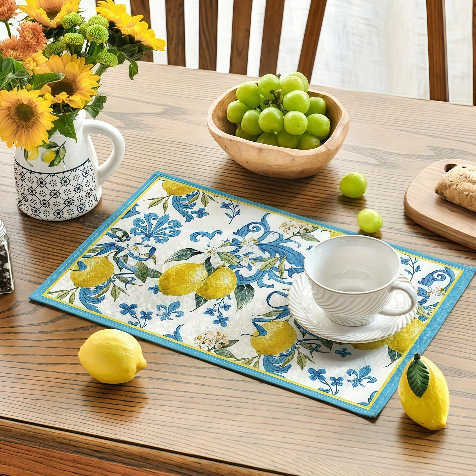 Image secondaire de GOEDCH Lot de 8 sets de table en lin résistants à la chaleur avec motif citron - Lavables et antidérapants - Pour cuisine, fête,