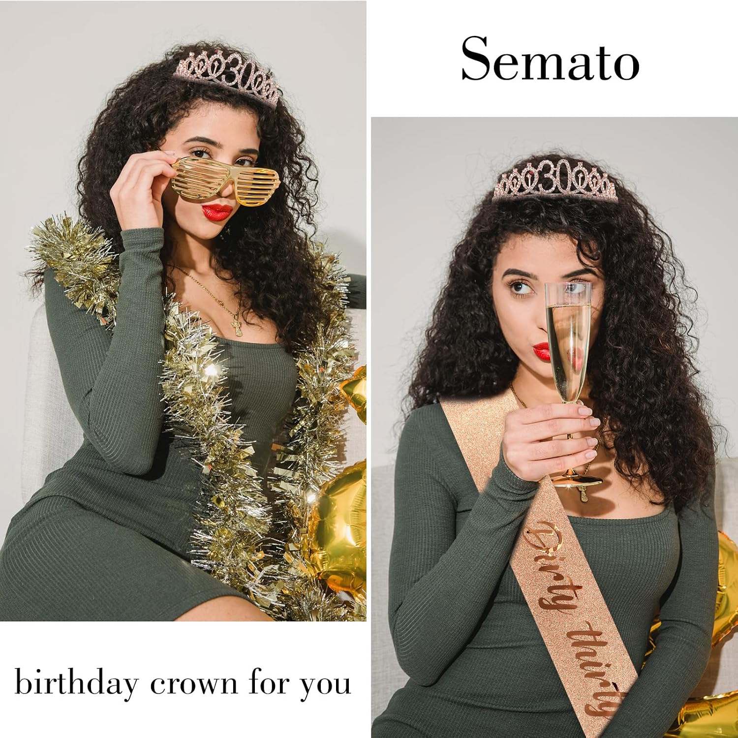 Semato 30th Birthday Sash & Rhinestone Tiara Kit- Dirty thirty Happy 30th Birthday Decorations for Her Dirty 30 Birthday Decorations for Her (rose gold)