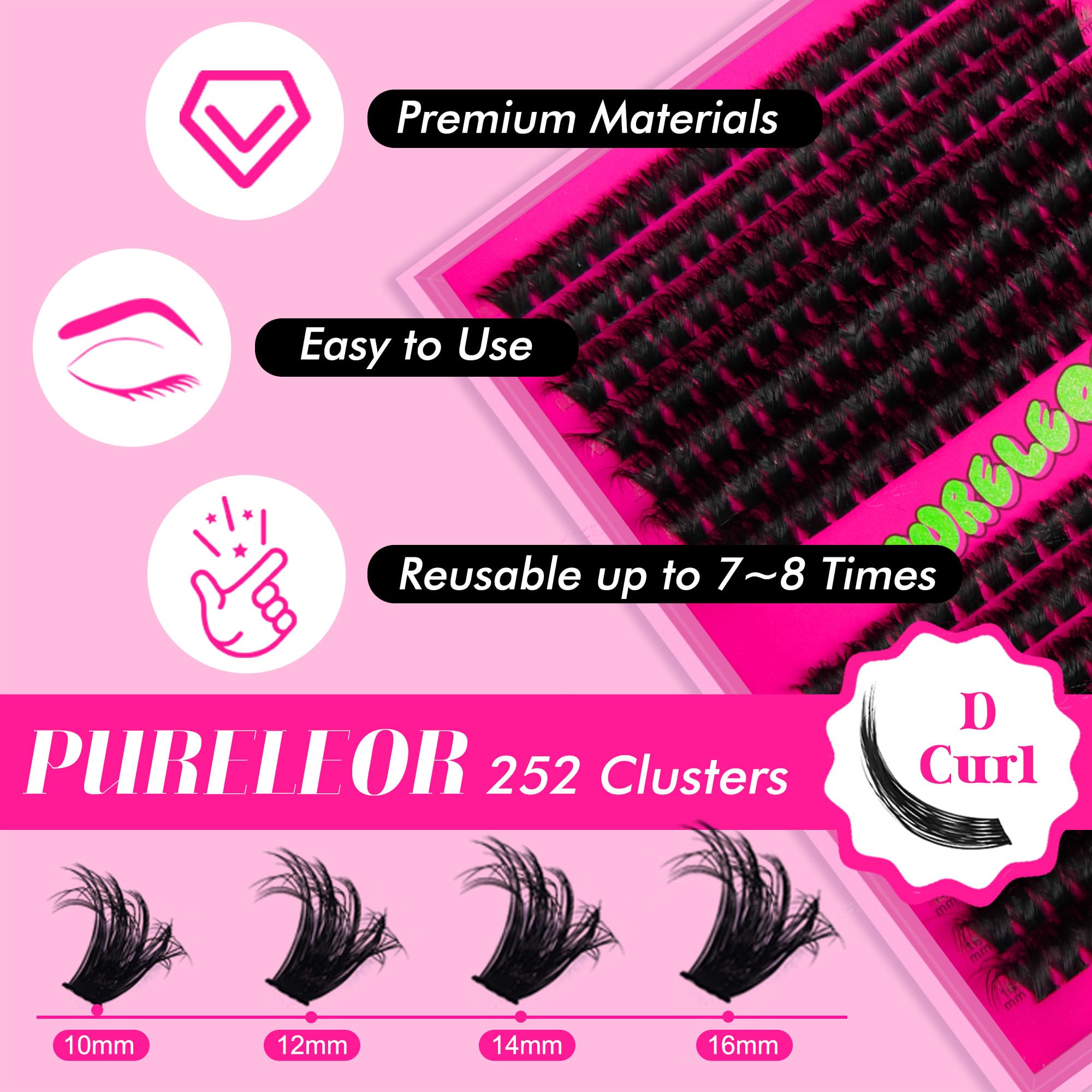PURELEOR Lash Clusters 80D 10-16mm Mixed Individual Lashes Cluster DIY Eyelash Extensions at Home Soft and Fluffy(D Curl) - Image 2