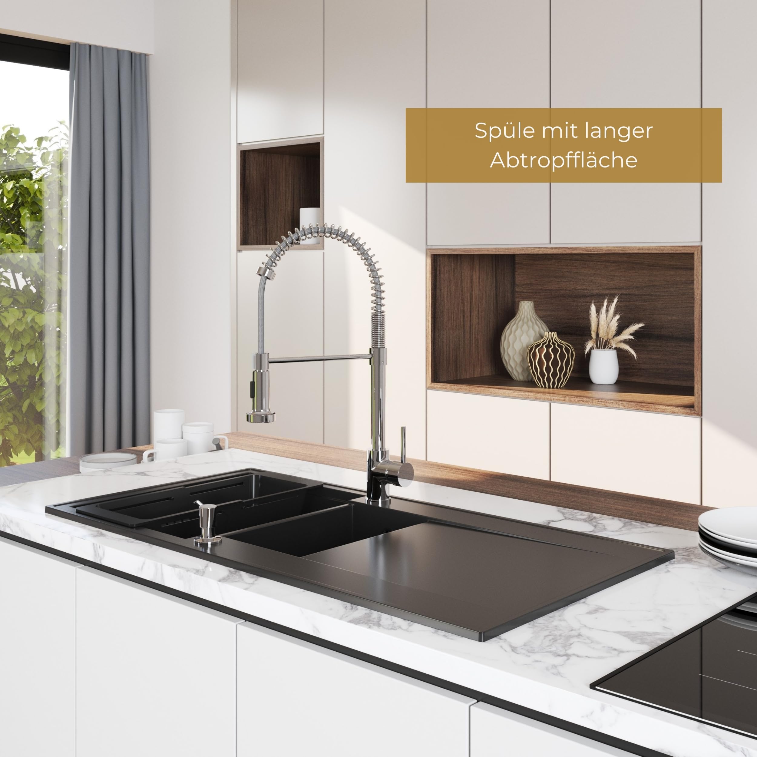 SINK QUALITY Spülbecken beige 100x50 cm, Granitspüle 1,5 Becken, Spüle mit Siphon und Imprägniermittel, Küchenspüle ab 60er Unterschrank