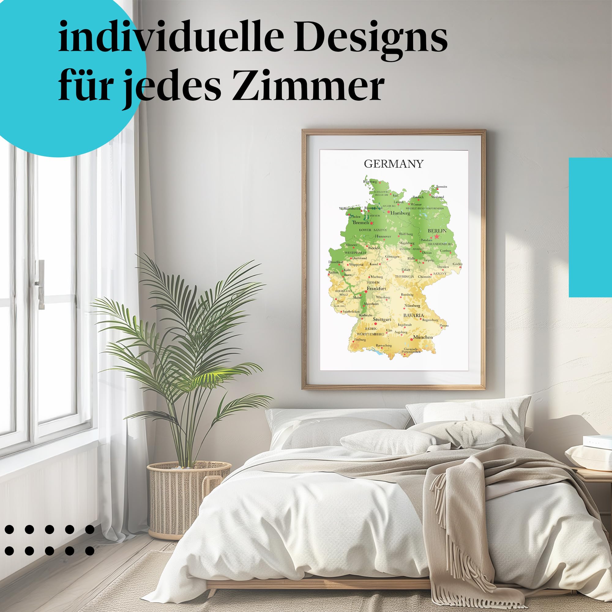Postereck - 1189 - Deutschland Karte, Städte Englisch Bundesländer - Unterricht Klassenzimmer Schule Wandposter Fotoposter Bilder Wandbild Wandbilder - Leinwand - 100,0 cm x 75,0 cm
