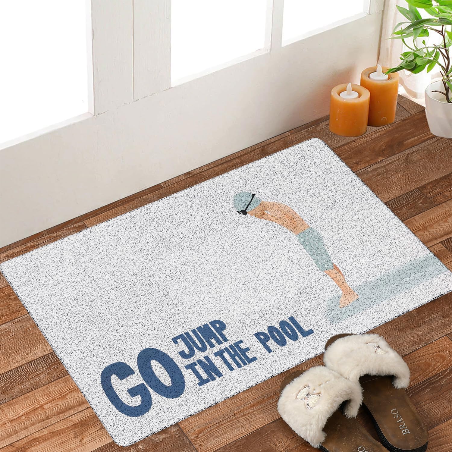 Coastal Beach Door Mat, Go Jump in The Pool Funny Blue Doormat Welcome Mats for Front Door Porch Outdoor Outside Entrance, Beach Bath Rug for Bathroom, 17x30 Inch