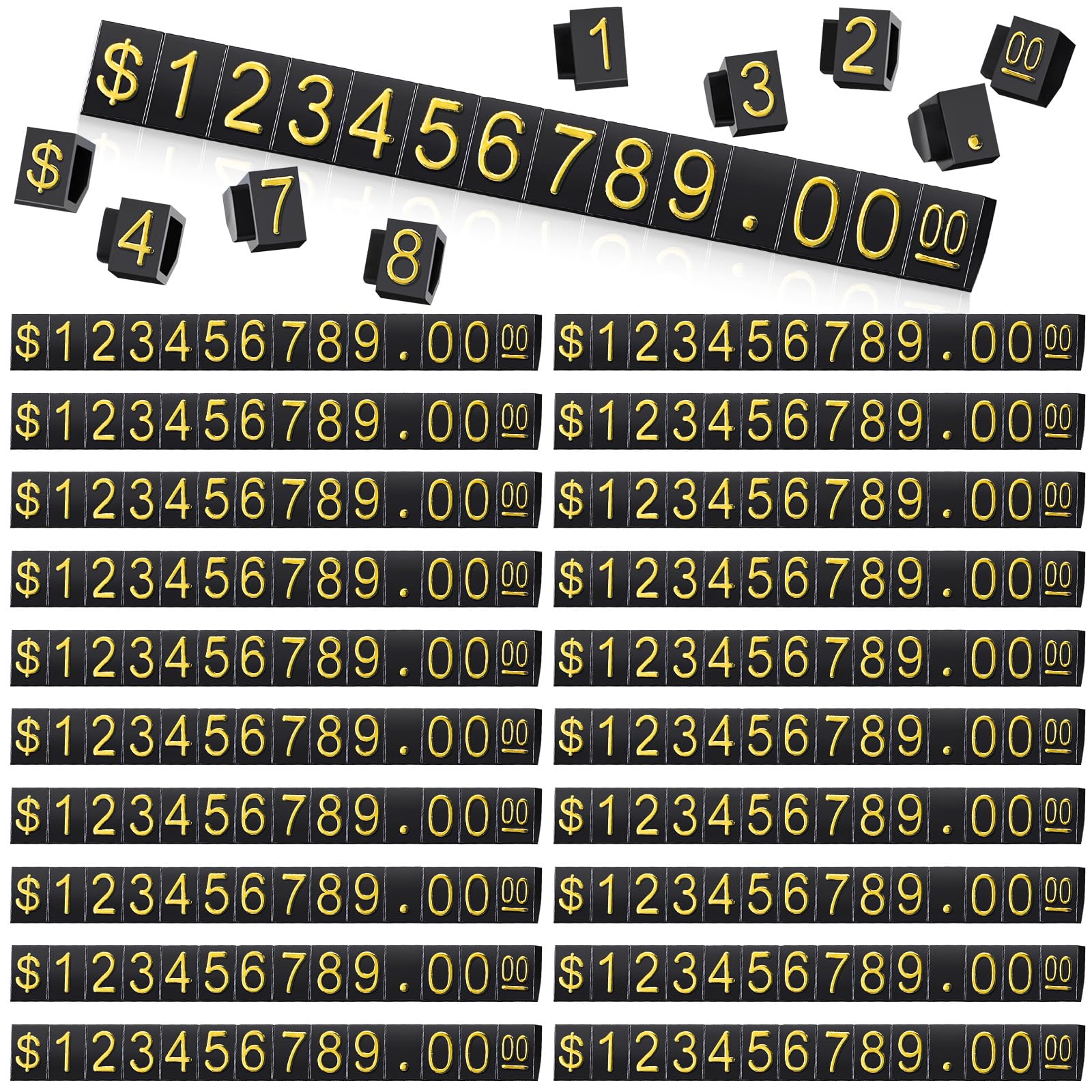 Qunclay 50 Sets Price Display Cube Number Letter Price Tag Cube Blocks Adjustable Dollar Display Stand Small Counter Kit for Jewelry Retail Vending Machine Shop Signs(Black, Gold)