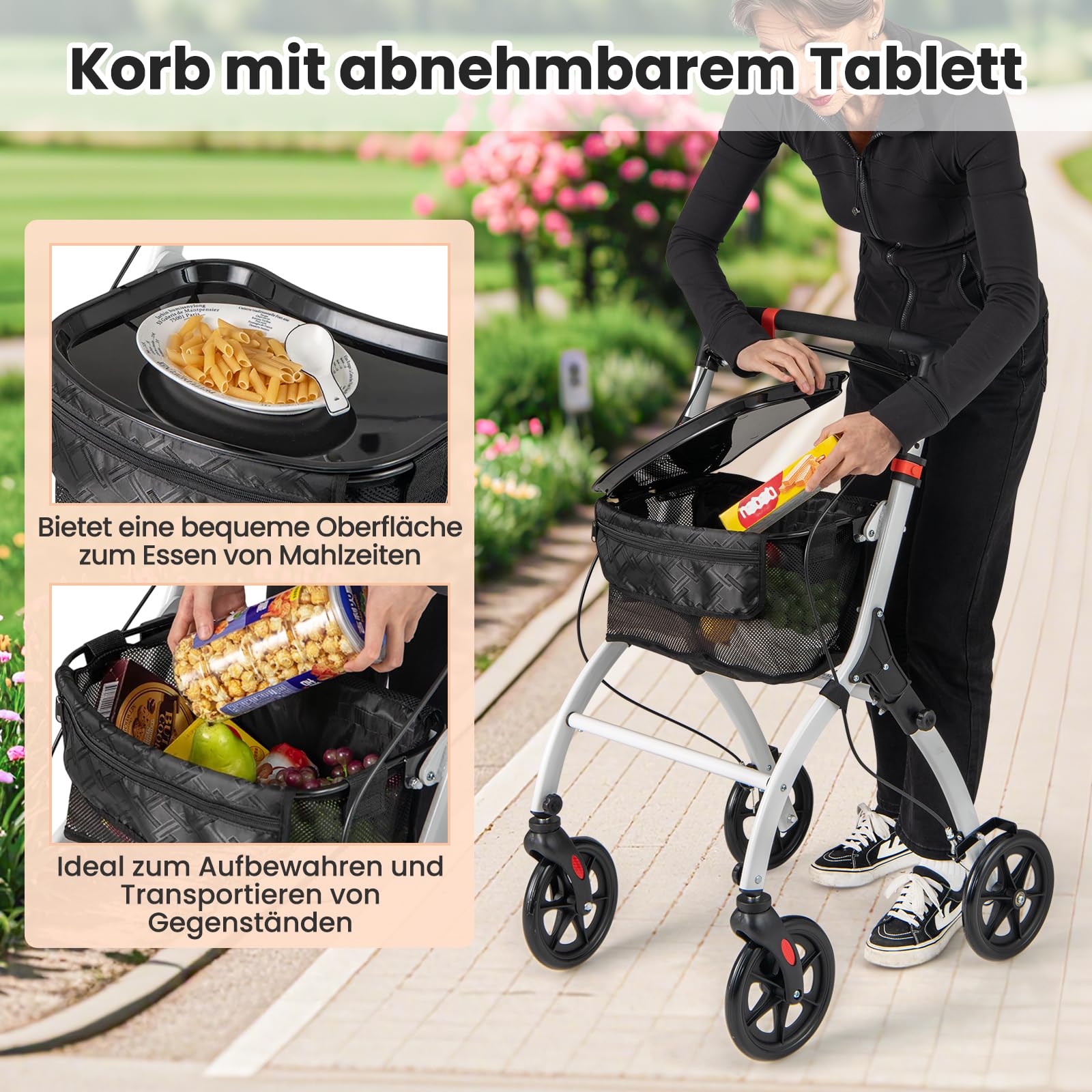 COSTWAY Rollator Schmal für Wohnung, Indoor Wohnungsrollator, faltbar und leicht, inkl. Tablett, Korb, 4 Rädern & Bremsen, 5-Fach höhenverstellbar, Gehhilfe für Senioren Verletzte, Weiß und Schwarz