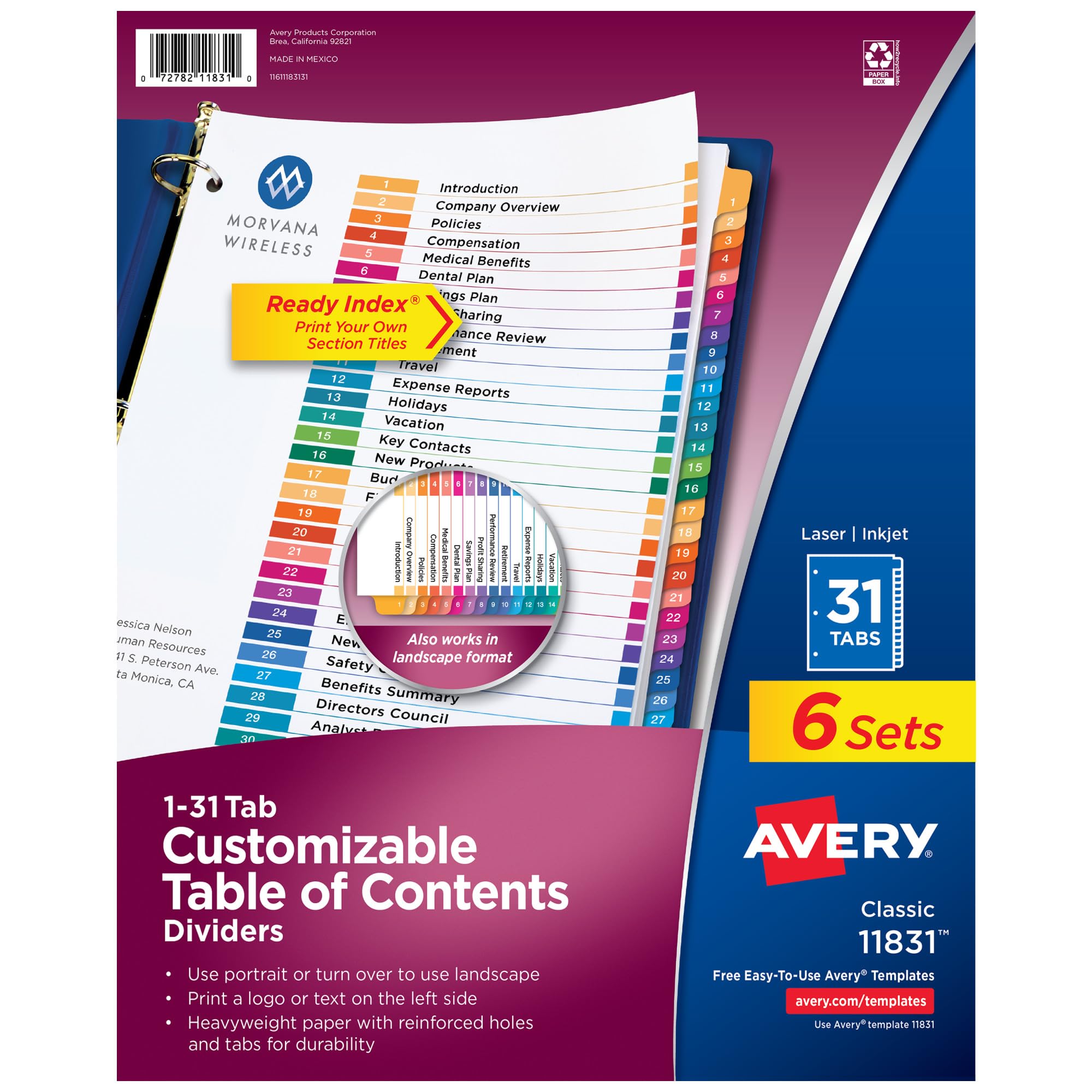 Avery 11831 divisori per raccoglitori a 3 anelli, personalizzabile con linguette multicolori, 6 set