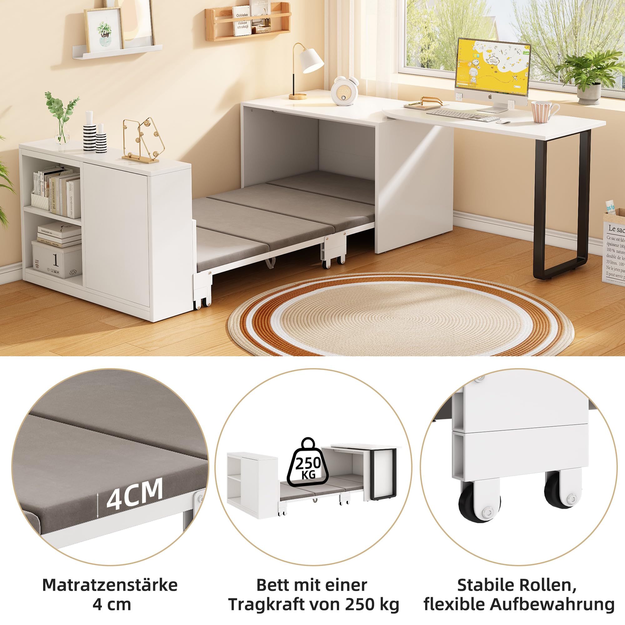 BTM 2-in-1 Klappbett mit Matratze Eckschreibtisch mit Stauraum und Rollen Bett mit Schreibtisch Schrank Gästebett Klappbar Weiß
