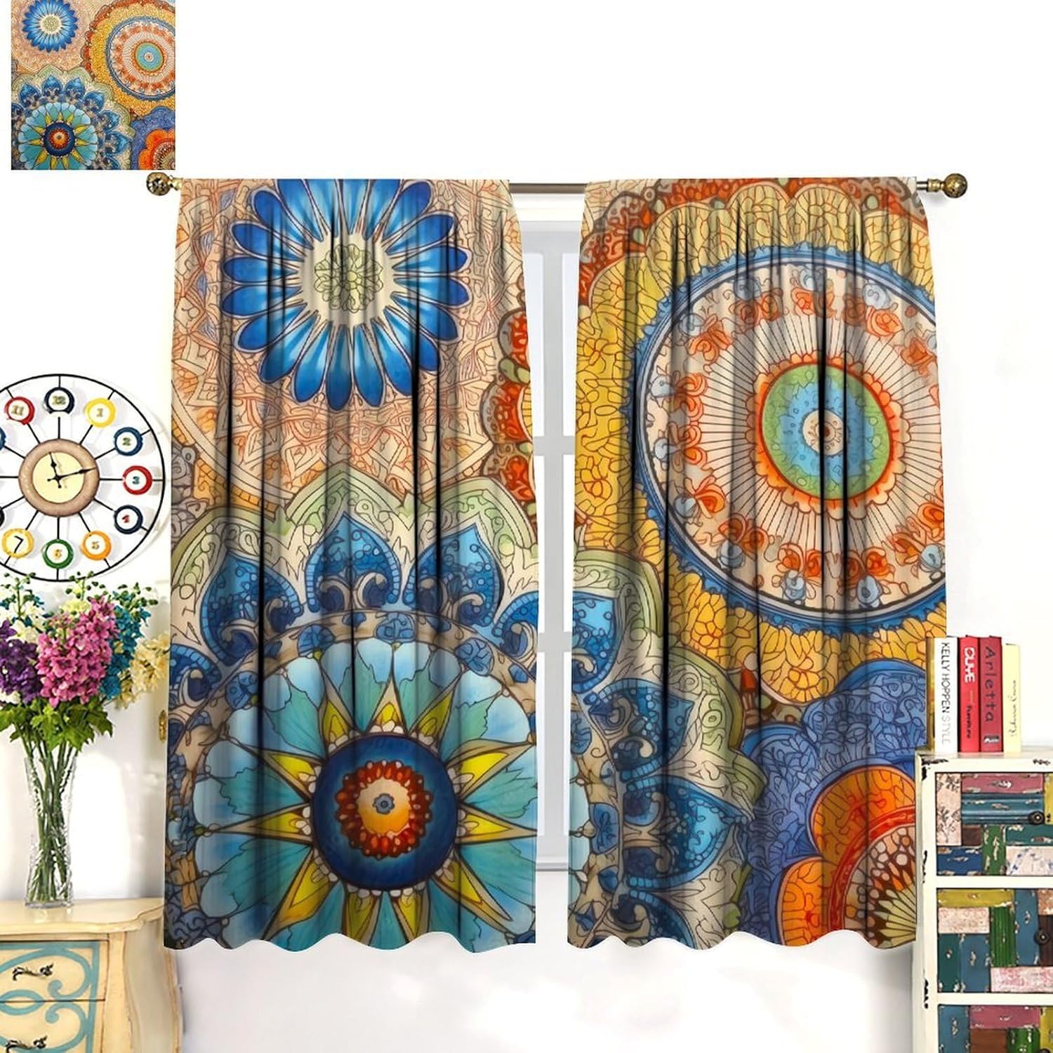 Vorhänge Schlafzimmer 3D Bunte Retro-Blumen 220X215 cm (B + H) Vorhang Gardinen Blickdicht Mit Ösen Thermovorhang Lichtdicht Für Wohnzimmer Schlafzimmer Kinderzimmer/Uv-Schutz-881100808