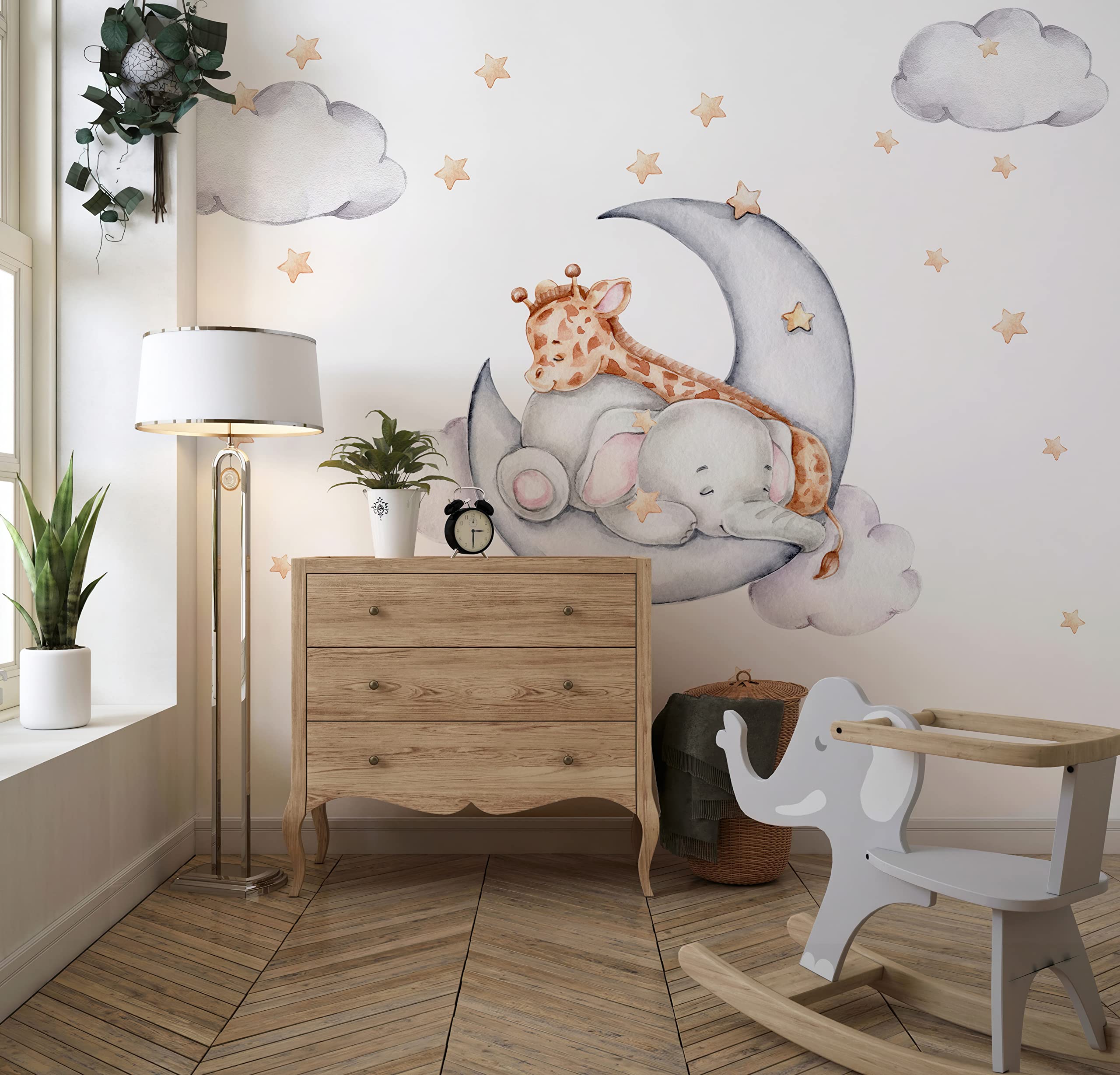 Elephant and Giraffe on The Moon Wall Decal Children's Room Wall Sticker Sticker Sticker with Stars Crescent Elephant Baby Room
