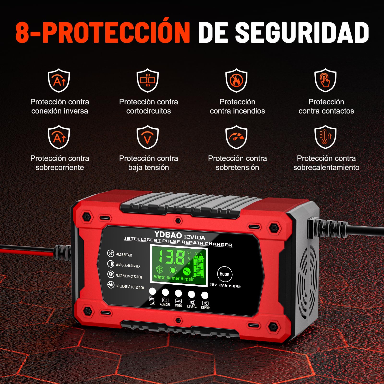 YDBAO Cargador de Batería de Coche 12V 10A Cargador Baterias Coche y Moto Inteligente con Reparación y Múltiples Protecciones y Pantalla LCD Cargador bateria para Auto,Moto, Camión, AGM, Gel,SLA