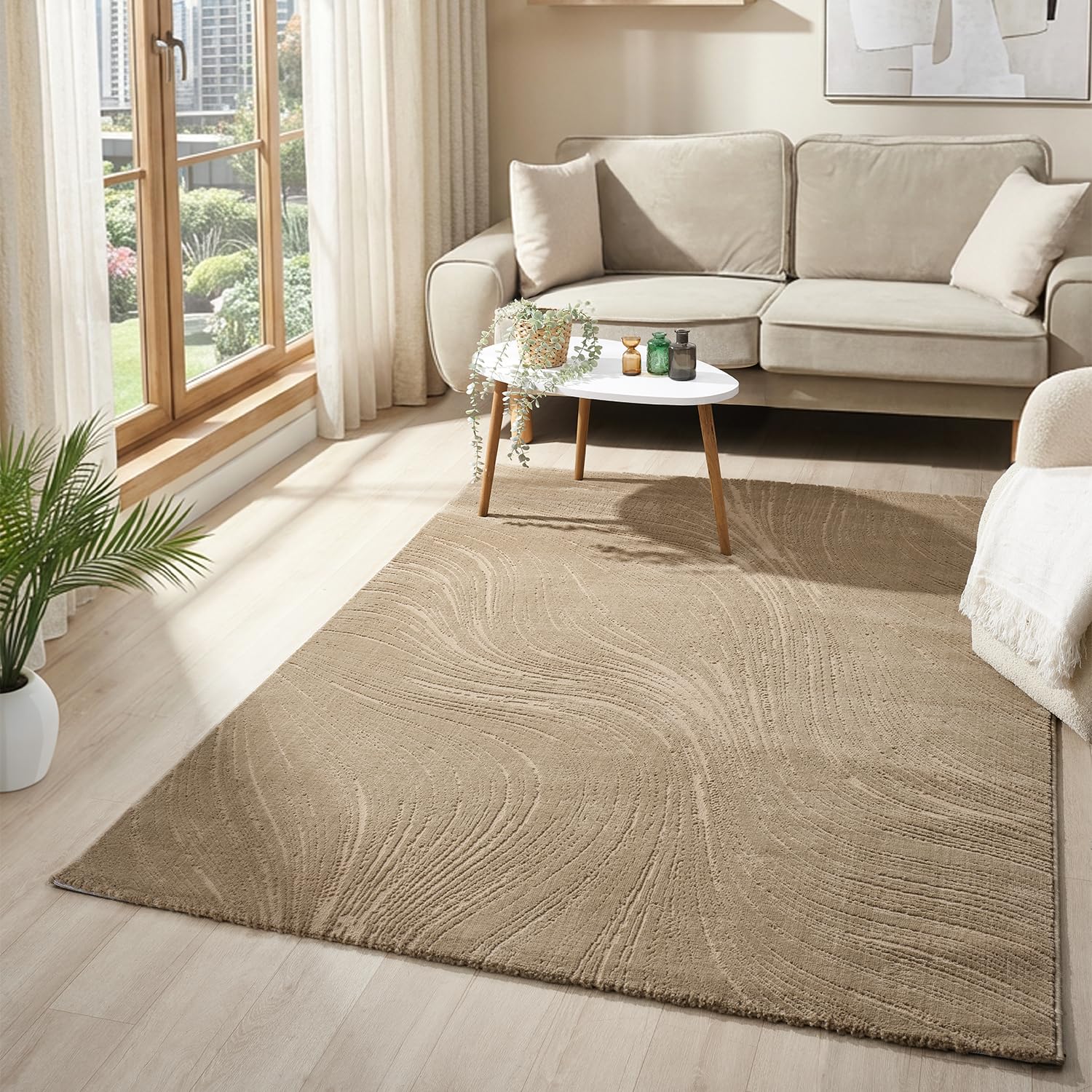 VIMODA Teppich Wohnzimmer Teppich Schlafzimmer, Flur, küche Kurzflor Boho Design Unifarbe Hoch-Tief-Effekt Modern 3D Weich,Farbe:Beige;Maße:200x290 cm