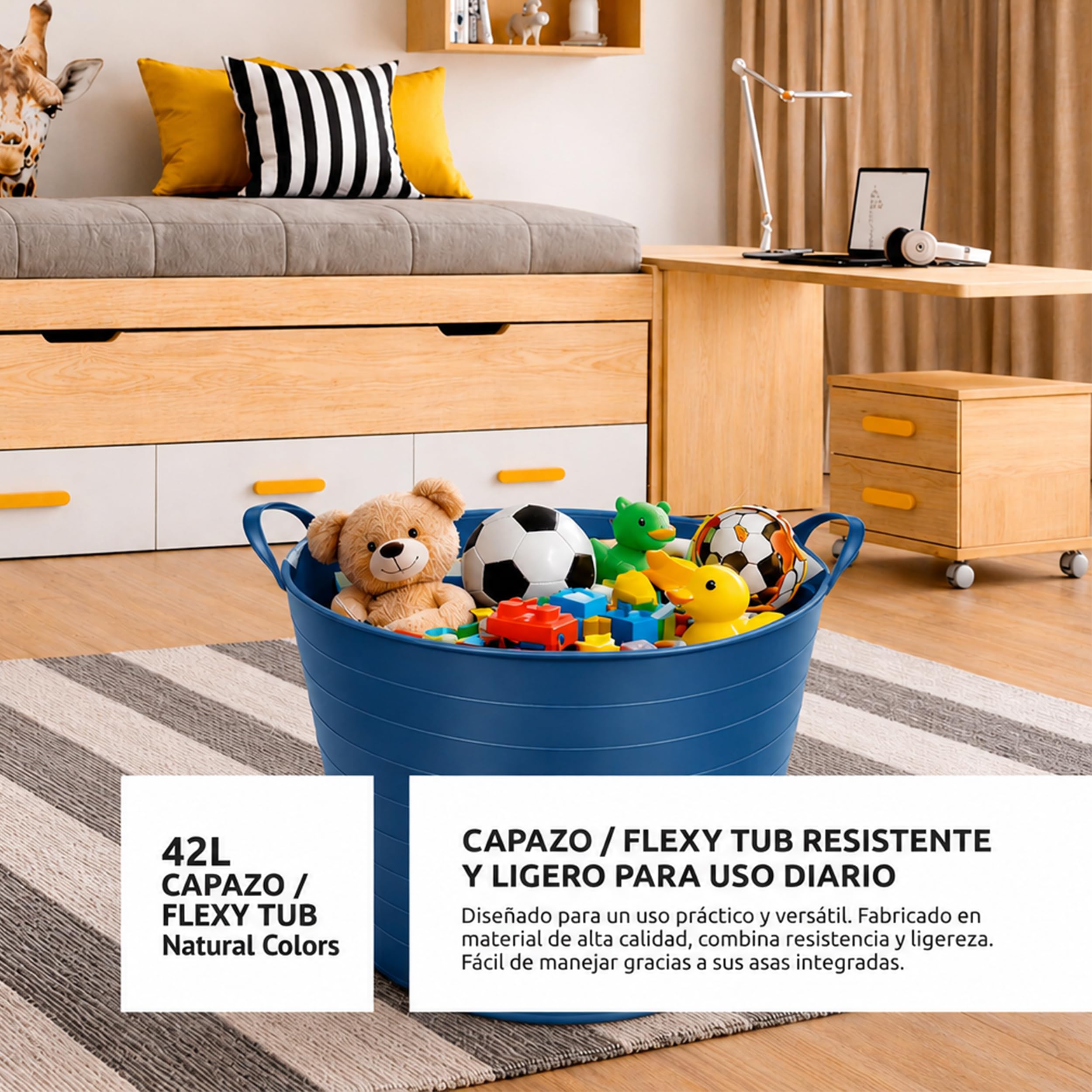 Pamex - Capazo Flexible 42L Azul, Caja de 12 Unidades, Capazo Multiusos con Asas, Polietileno de Baja Densidad, Ligero y Resistente, para Hogar, Jardín y Almacenaje