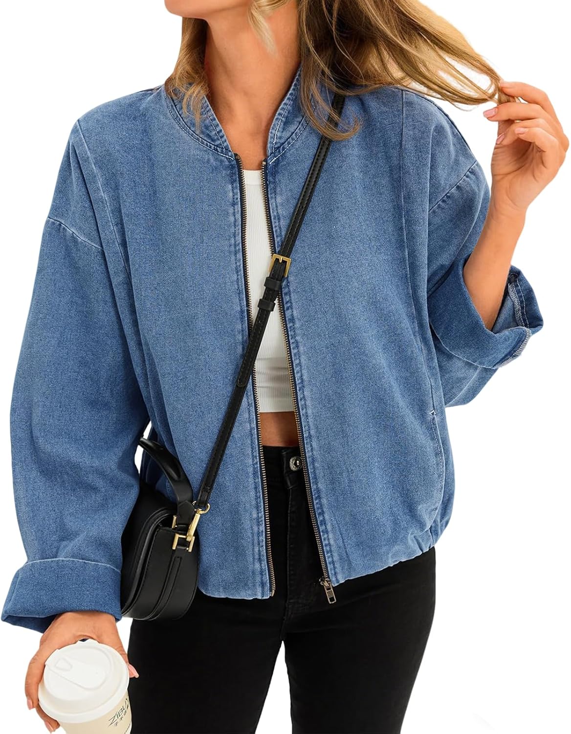 Tankaneo Womens Denim Bomber Jacket Lightweight Zip Up Short Jean Jacket Fall Casual Shacket Outerwear