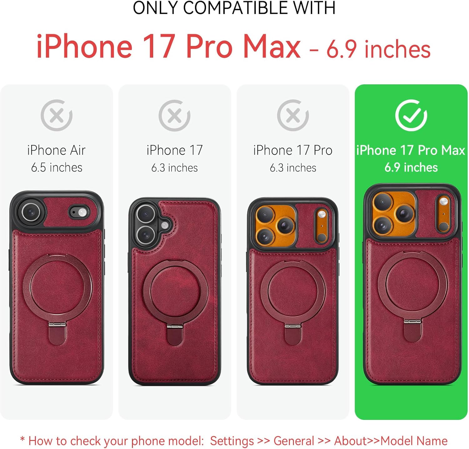 for iPhone 17 Pro Max Case with Stand, Compatible with MagSafe, Slim PU Leather & TPU Drop-Proof Protective Magnetic Kickstand Phone Cases with Tempered Glass Screen Protector 6.9", Red - Image 2
