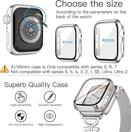 Miniatura 6 de Correa de reloj delgada para Apple Watch de 1.772 pulgadas con funda protectora de pantalla, correa de cierre magnético de malla de acero inoxidable