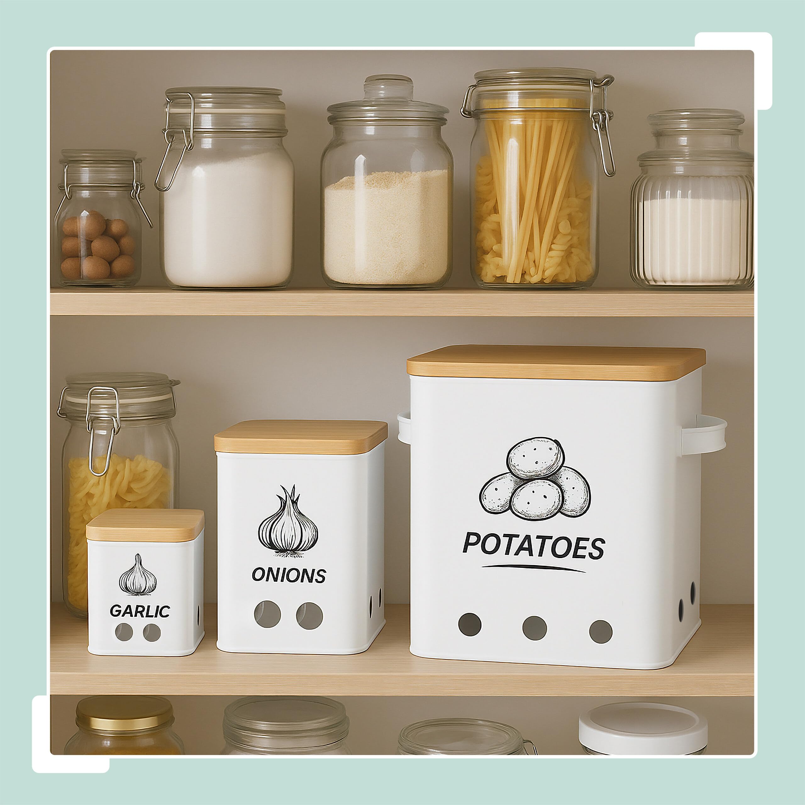 Relaxdays Pudełko do przechowywania ziemniaków, cebuli, czosnku, zestaw 3 sztuk, z otworami, metalowa, bambusowa pokrywka, prostokątne, białe/naturalne
