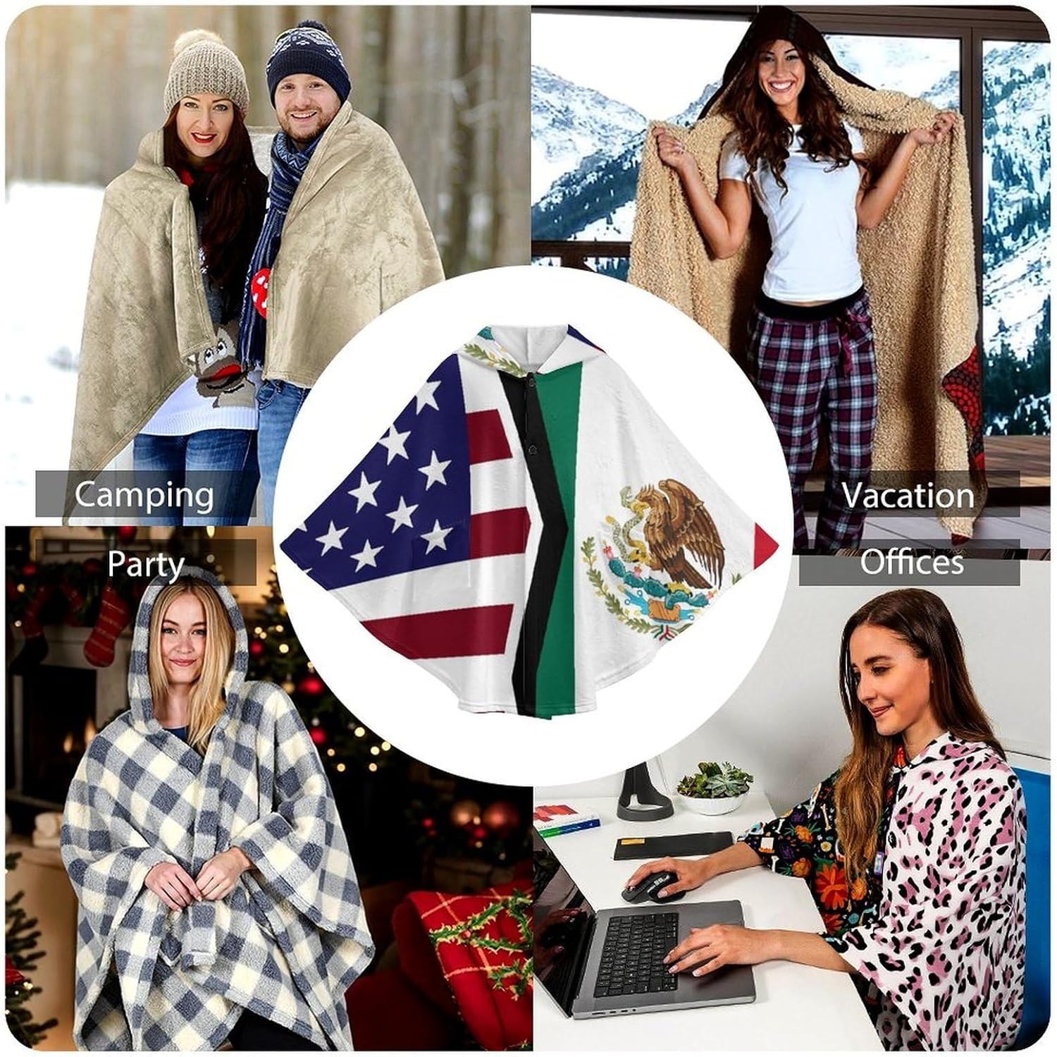 U.S.A Mexican Flag Wearable Blanket with Hooded Flannel Blankets Cape with Pocket