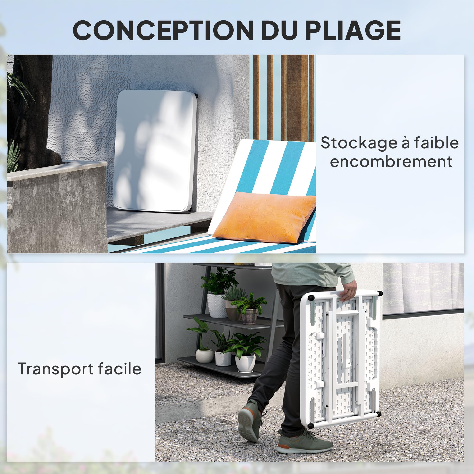 Outsunny Table d'appoint de Jardin Pliable en HDPE, Table Pliante extérieur avec Hauteur réglable sur 5 Niveaux, pour patios et Jardins, 65 x 45 x 70 cm, Blanc