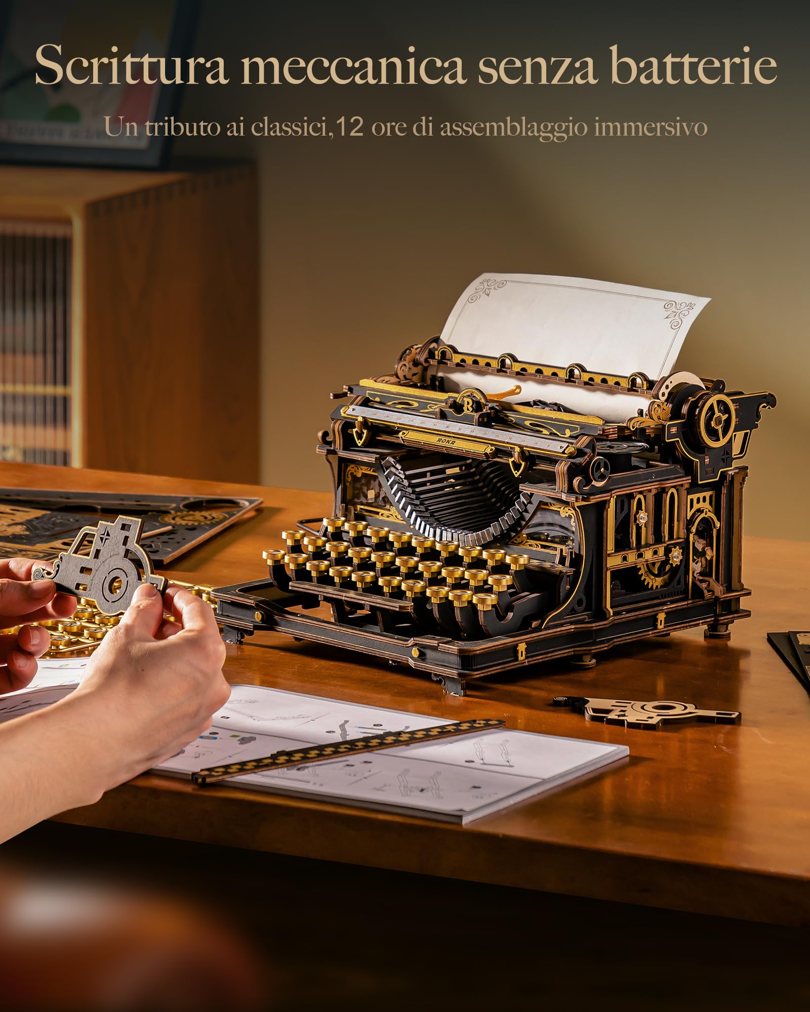 ROKR Puzzle 3D in Legno Macchina da Scrivere Meccanica Modellino Classica | Kit Costruzione Fai da Te per Adulti, Arredamento da Scrivania Retro, Mechanical Typewriter Versione Classica, LK703B