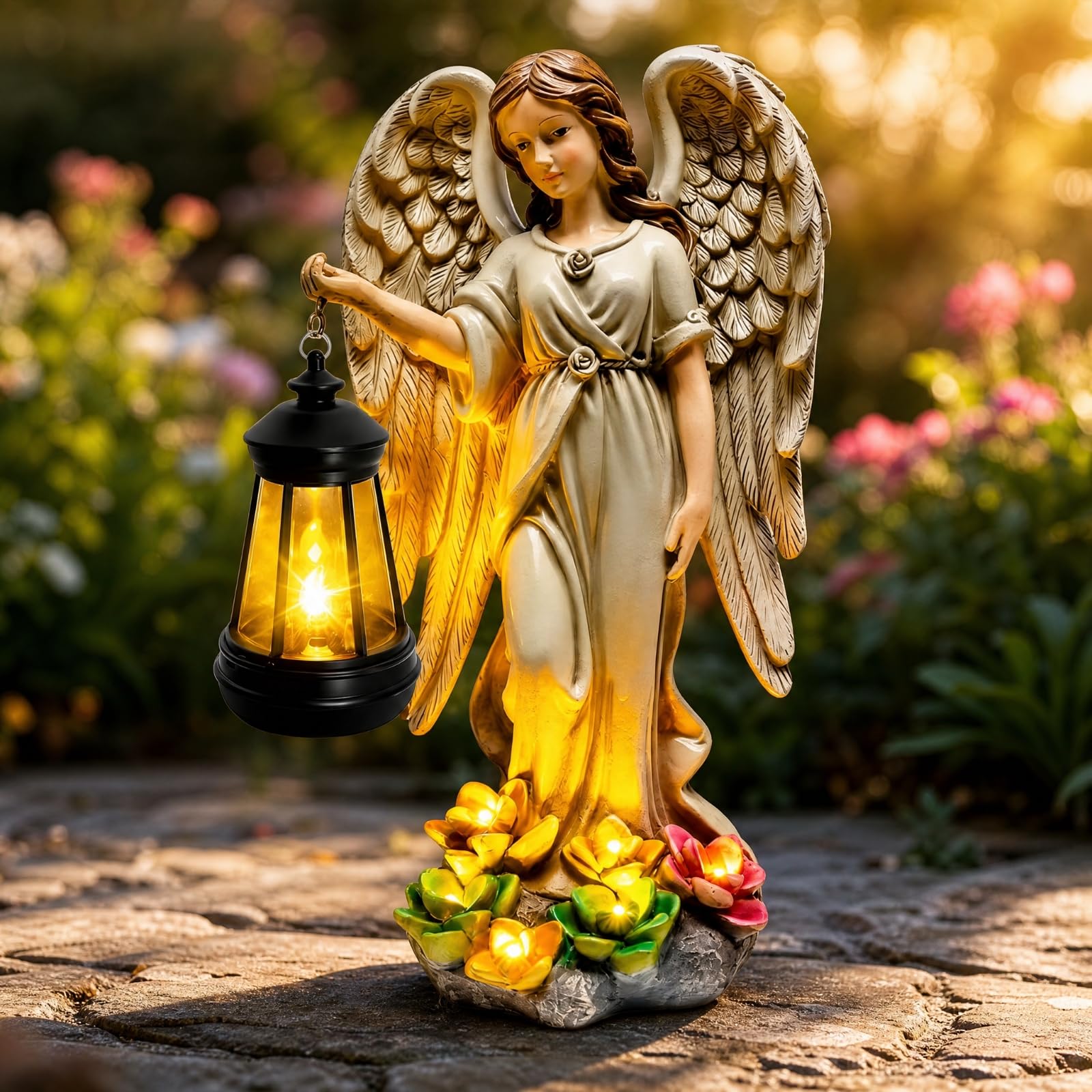 predolo Statua Cherubino con Lanterna Luminosa Statua da Giardino con Resina Figurina Solare da Esterno per Terrazza, Ingresso