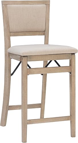 Linon Keira Taburete plegable de madera rústica natural con asiento tapizado beige y respaldo disponible en Yaxa El Salvador
