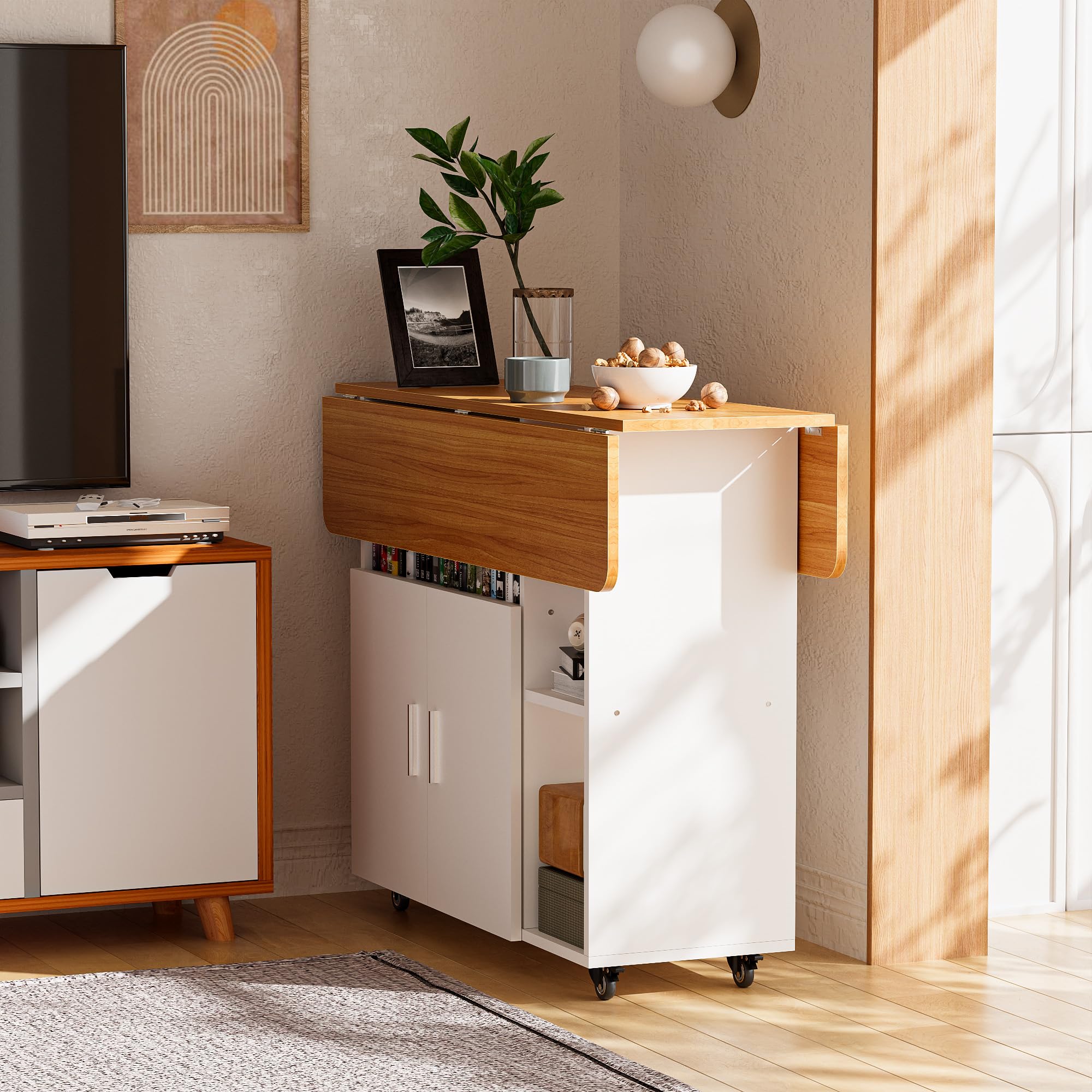 Mesa de Comedor Plegable Mesa de Cocina con Ruedas 1 Armario Grande y 3 Compartimento Abierto Aparador móvil Mesas para Espacios pequeños Comedor Cocina 100 x 70 x 79 cm Naranja y Blanco