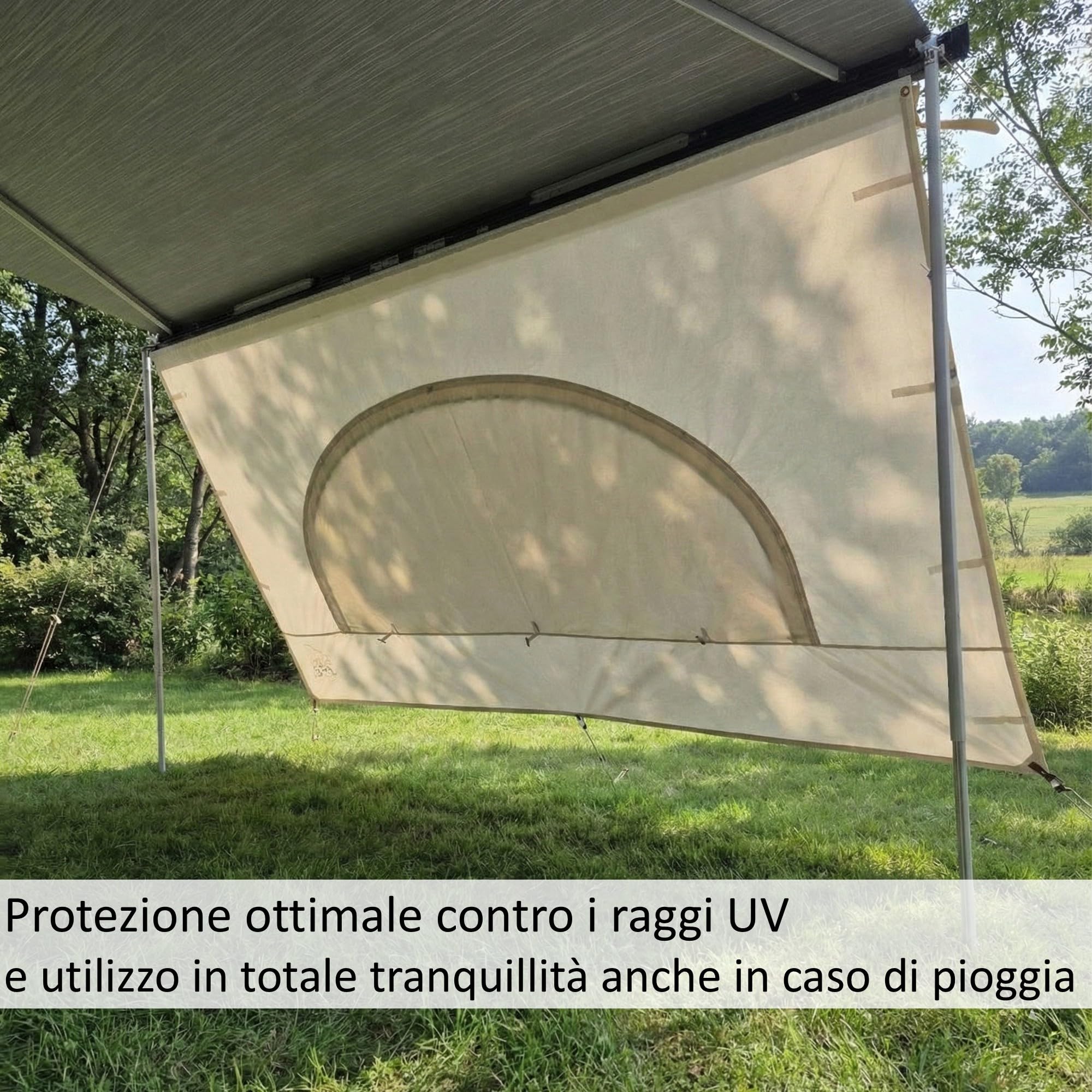 Fiamma F45 AIRIS Parete Anteriore Tenda da Sole Camper 390x190 cm Tessuto Misto Cotone Avorio Impermeabile Protezione UV