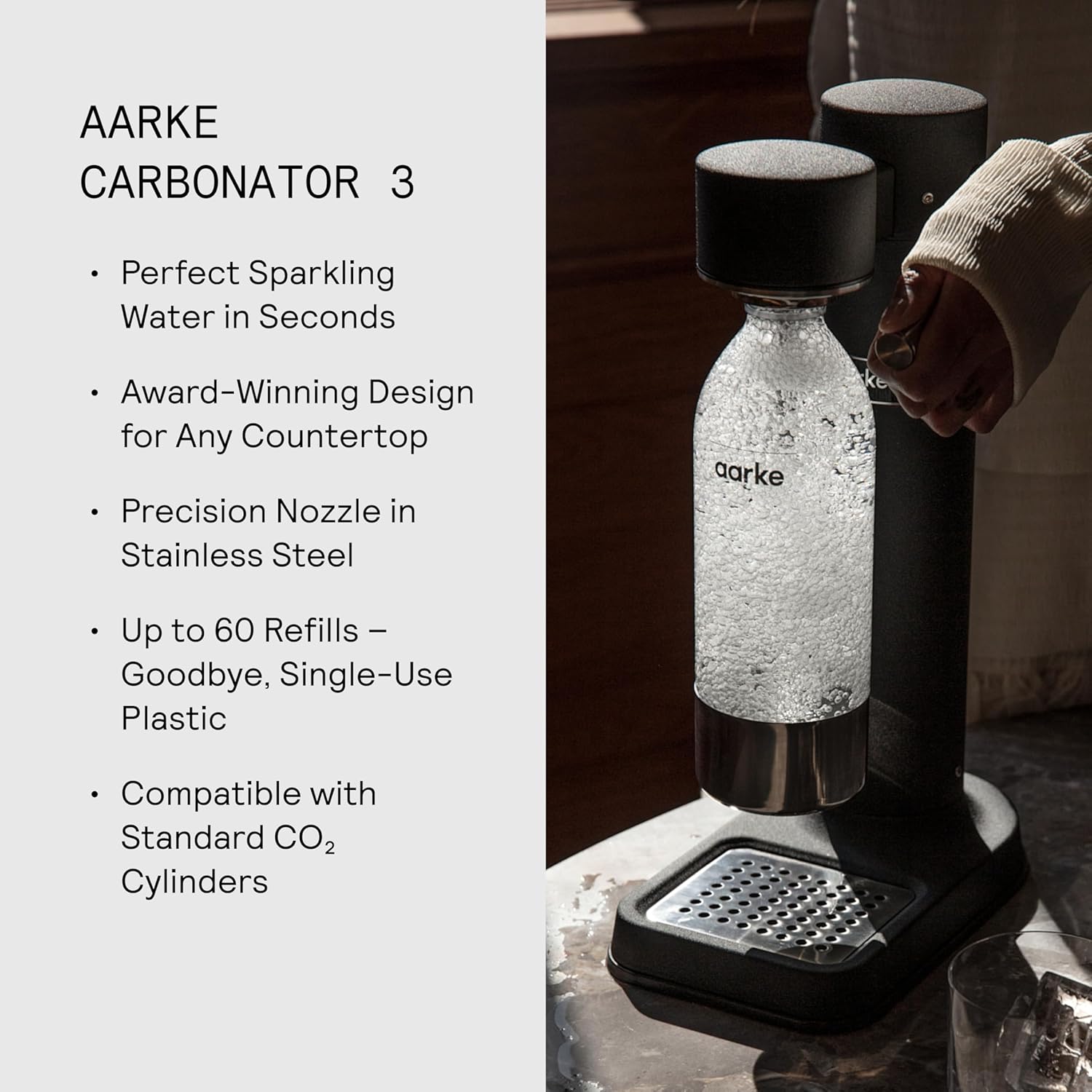Aarke Carbonator lll with CO2 Cylinder, Sparkling & Carbonation Water Machine, Stainless Steel with PET BPA-Free Reusable Bottle Volume 1L/34 fl oz (Matte Black) - Image 6