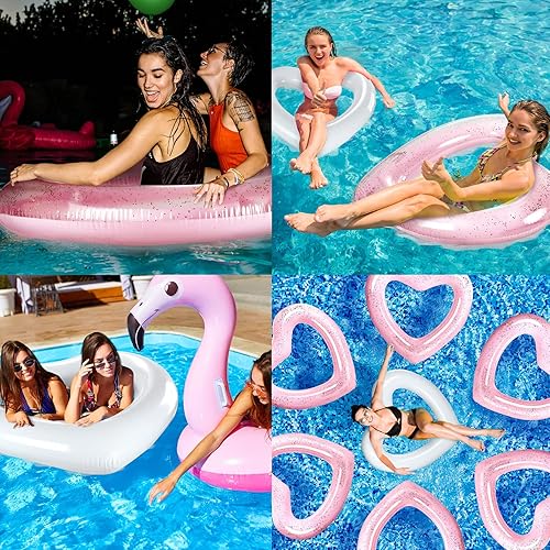 Miniatura 3 de Honoson 8 unidades de flotador de piscina con forma de corazón de 47.3 x 43 pulgadas, anillos de natación inflables en forma de corazón, flotador de