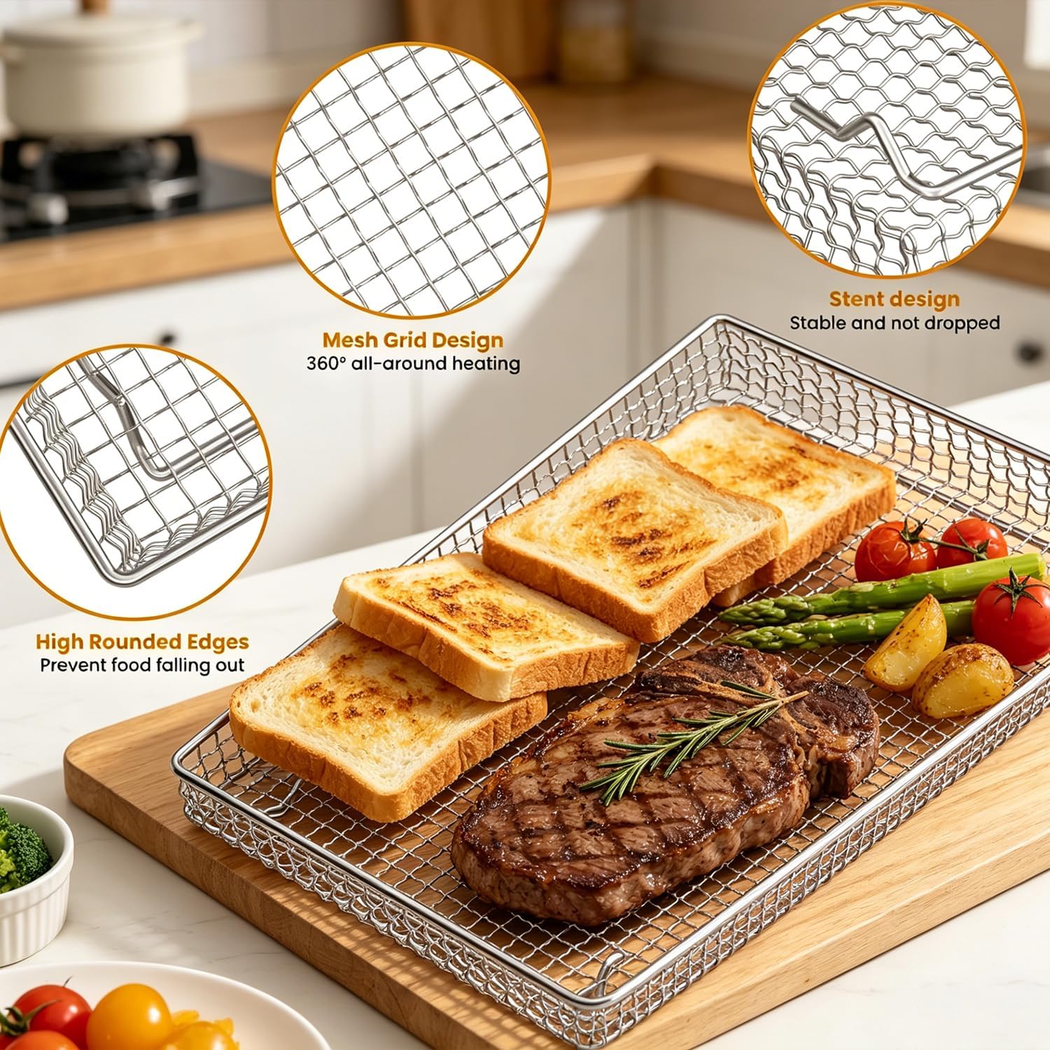 Air Fryer Basket Tray Replacement for Cuisinart TOA-60/65/70 air fryer | Toaster oven tray, 12.4 * 11''Steel Basket and Wire Rack Mesh Basket Accessories Parts, Dishwasher Safe
