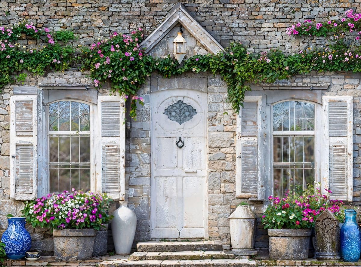 Mural Gardens French Shutter Door Garden Mural Curtain Waterproof Outdoor Tapestry Rustic Stone Wall Art Patio Fence Decor Panel W240Cm H180Cm from B&Q