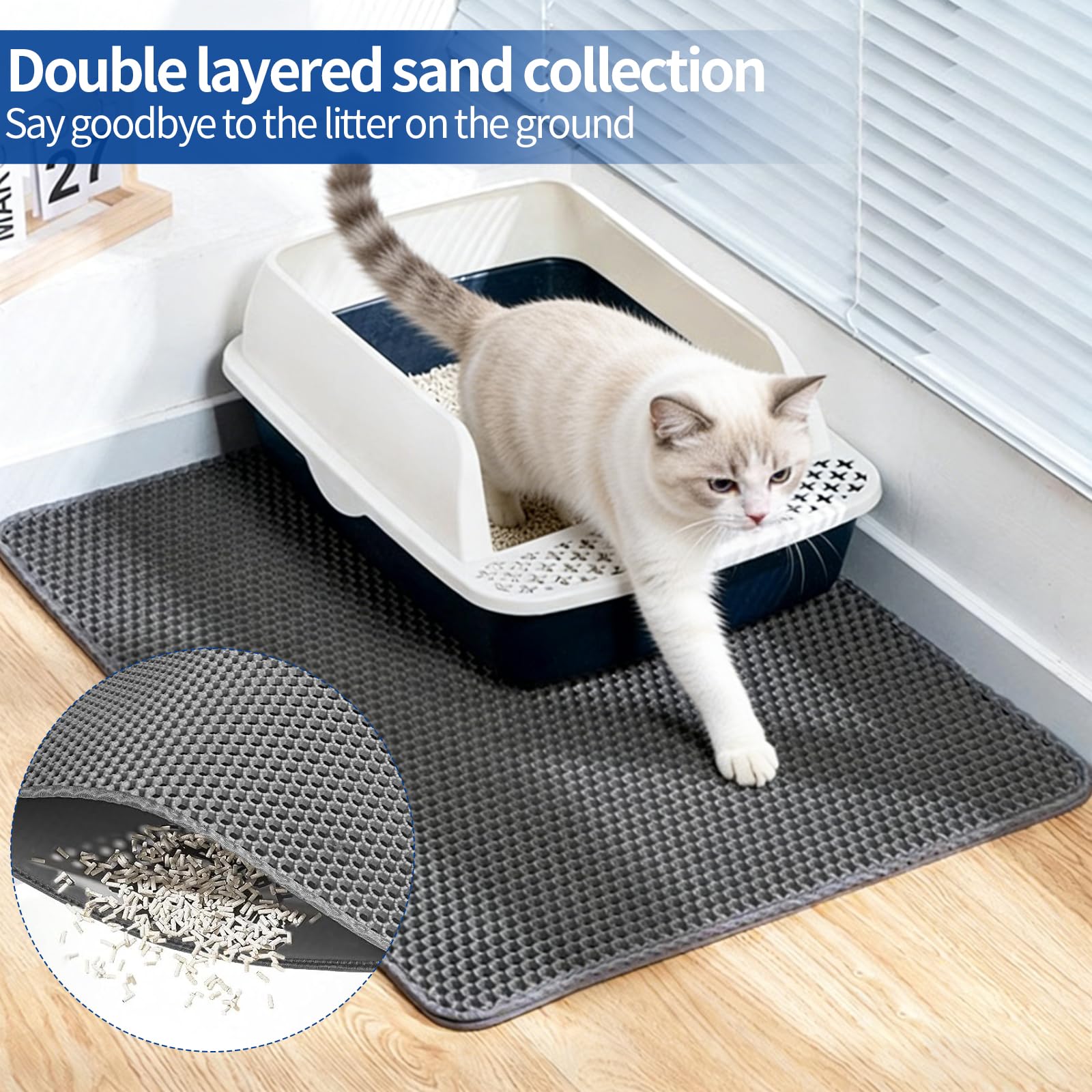 Katzenstreu Matte XXL, Katzenklo Matte Doppelte Schichte Katzenstreumatte 90x60 cm EVA Katzenmatte mit Klettverschluss Waben Grau Katzenklo Unterlage