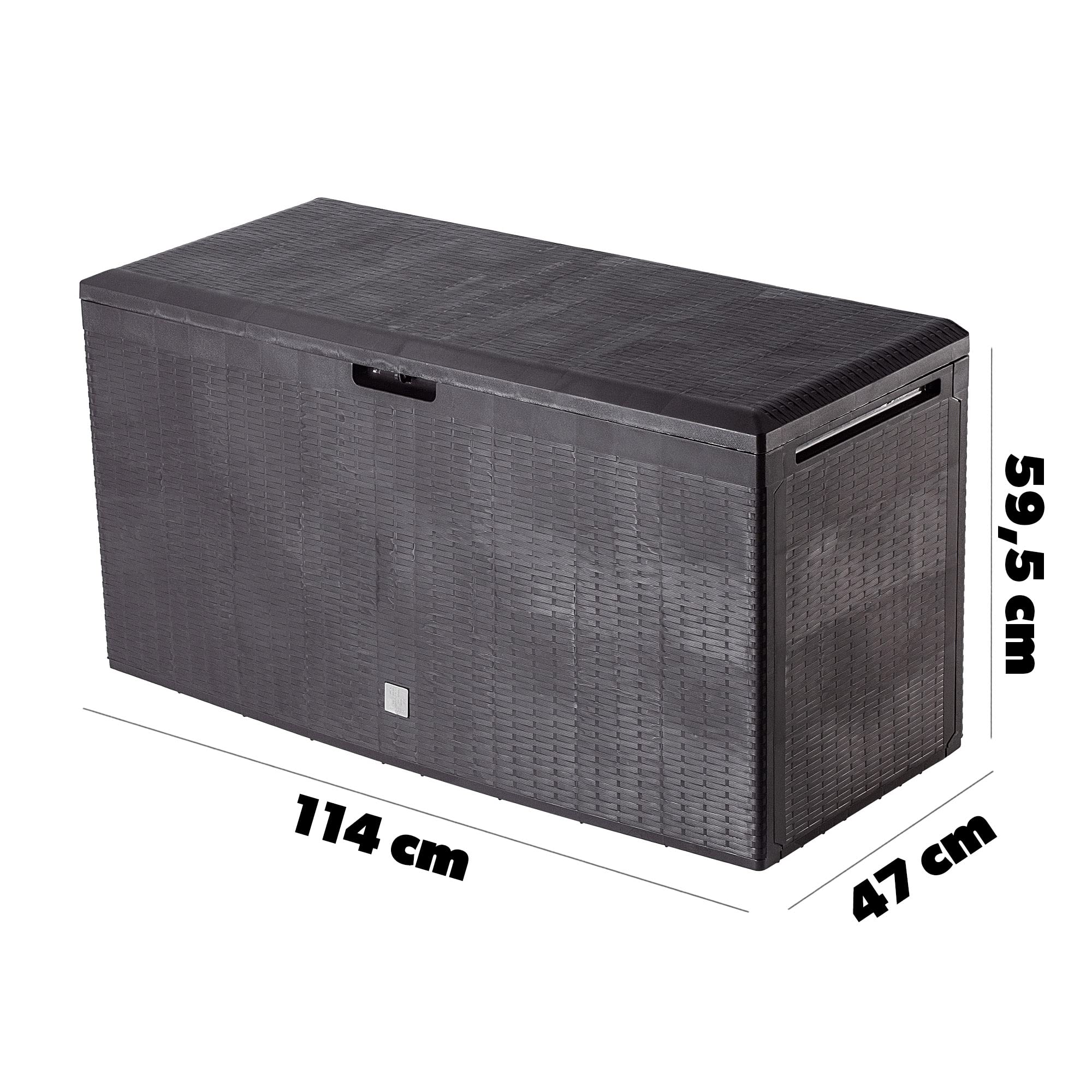 Caisse De Jardin En Plastique 290 Litres - 116,6x47x59,5 Cm, Couleur Anthracite, Avec Fermeture Et Poignées - Range Coussins, Jouets, Outils De Jardin
