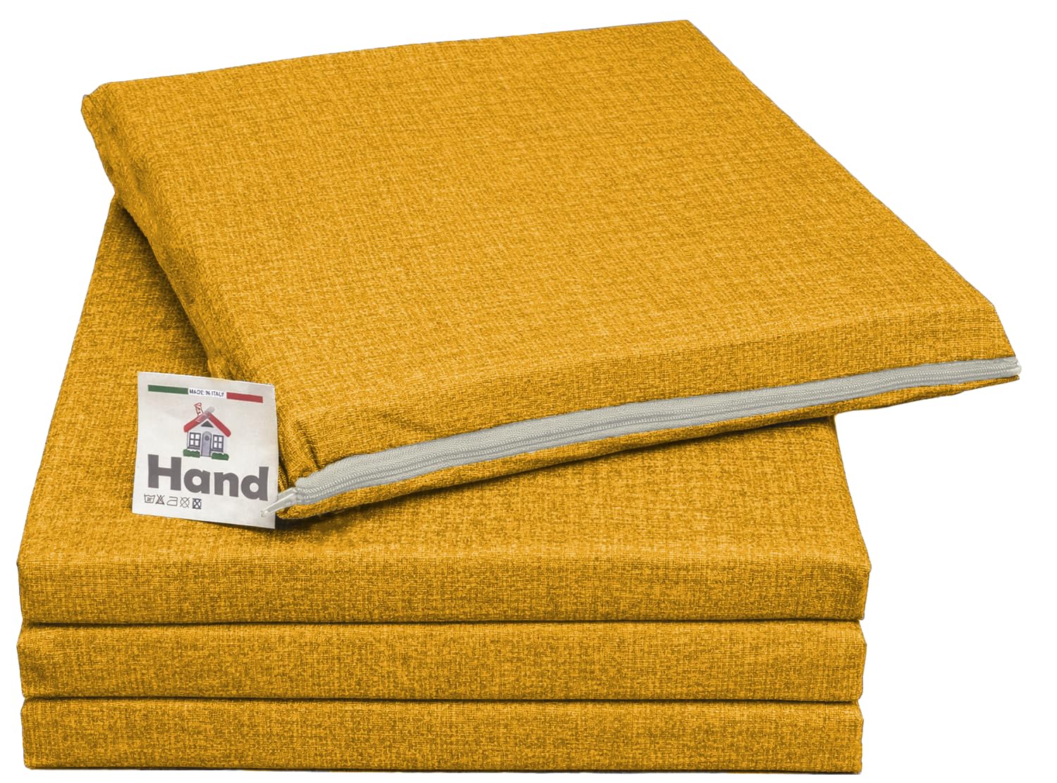 HAND Cojines para Sillas Cocina 38x38 cm Desenfundables con Cremallera – Cojines Cuadrados con Lazos Resistentes y Acolchado Cómodo de 4 cm – Totalmente Made in Italy (Senape, Juego de 4)