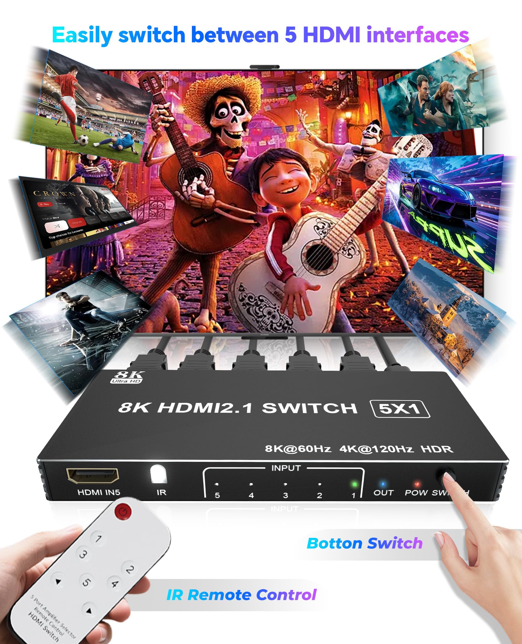 Conmutador HDMI 8K 4K 120Hz – 5 en 1 salida HDMI Splitter Switcher 8K @60Hz 4K @120Hz con control remoto 3D HDR10+ HDCP 2.3 CEC, uso para PS5/4/3, Xbox DVD Player Fire Stick Roku TV PC Nintendo Switch