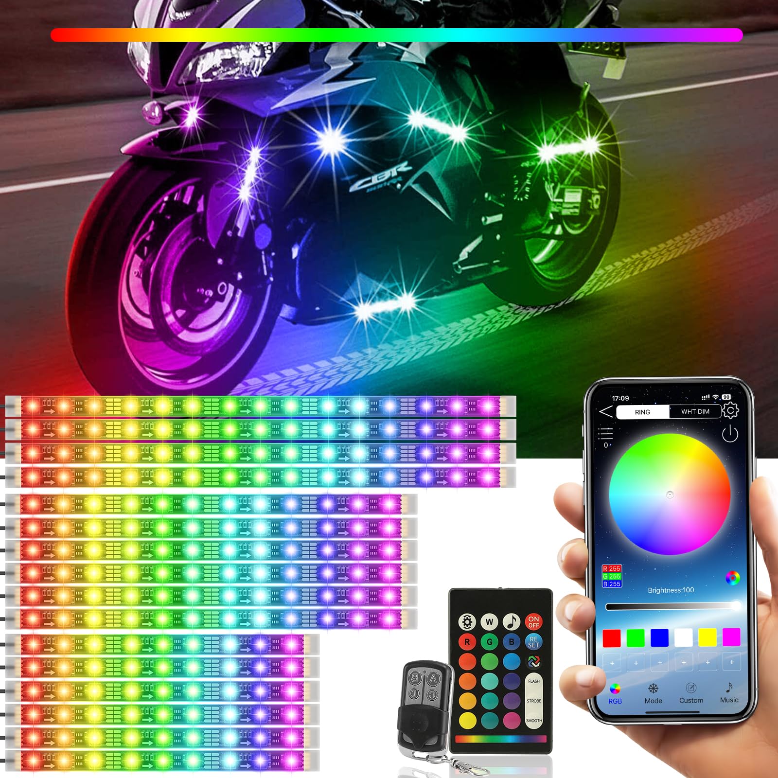特別価格16 Pcs Motorcycle LED Light Kit, Magic RGB Underglow Light with APP/RF Control Million Color Waterproof Underbody Accent Lights with M並行輸入 Million-Color 16 Piece Motorcycle LED UnderGlow Flexible Neon