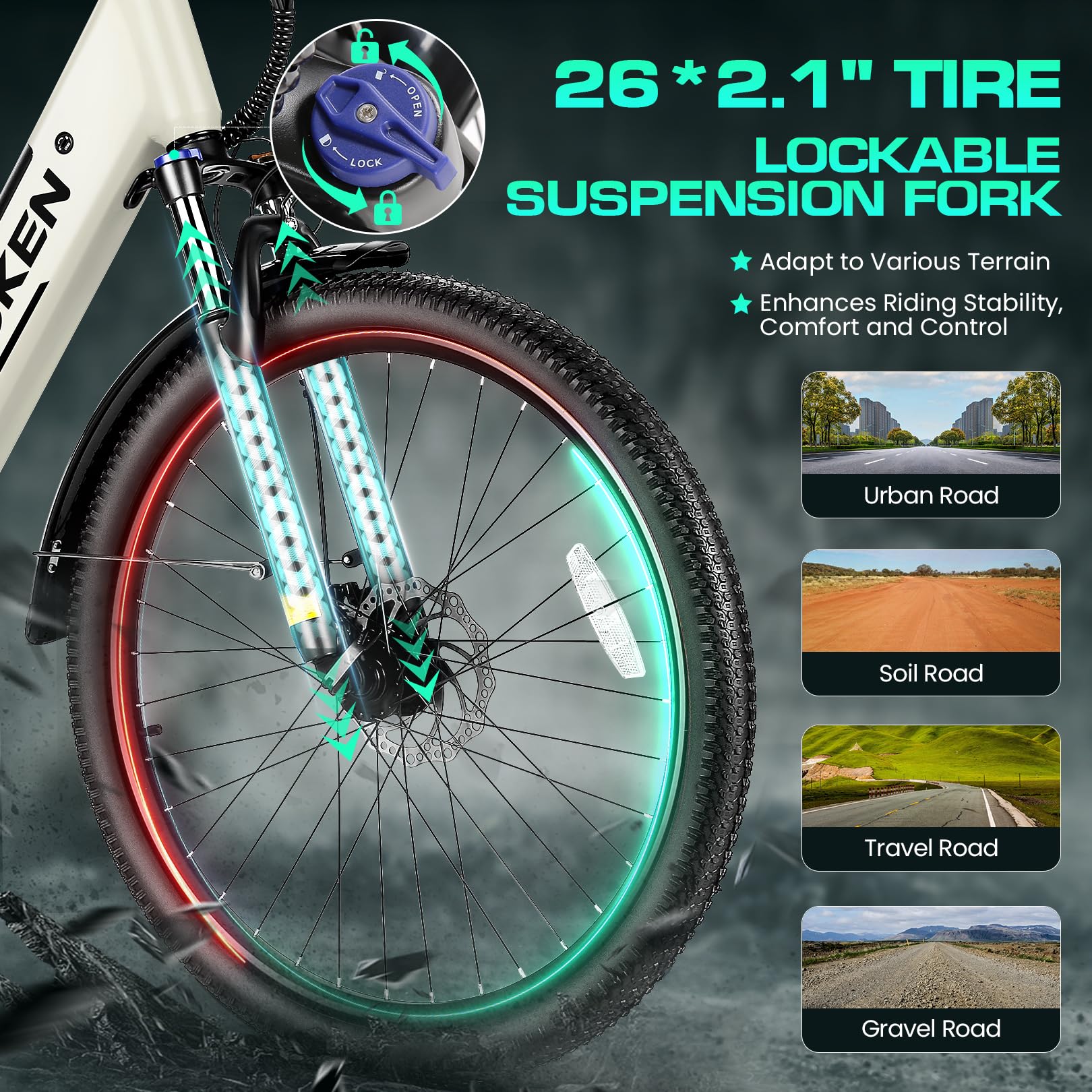 Wooken SwiftX Electric Bike for Adults, 1000W Peak Ebike, 26