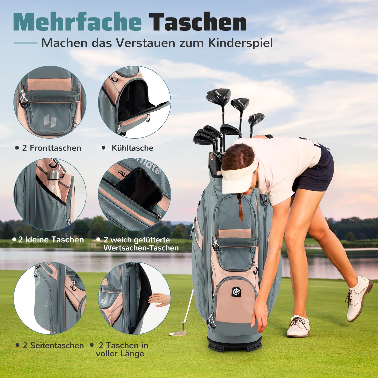 GYMAX Golftasche, tragbare Golf Cartbag mit 14 Fächern & 11 Taschen, Golfreisetasche mit Schultergurt & Schirmhalter, Standbag für Herren & Damen