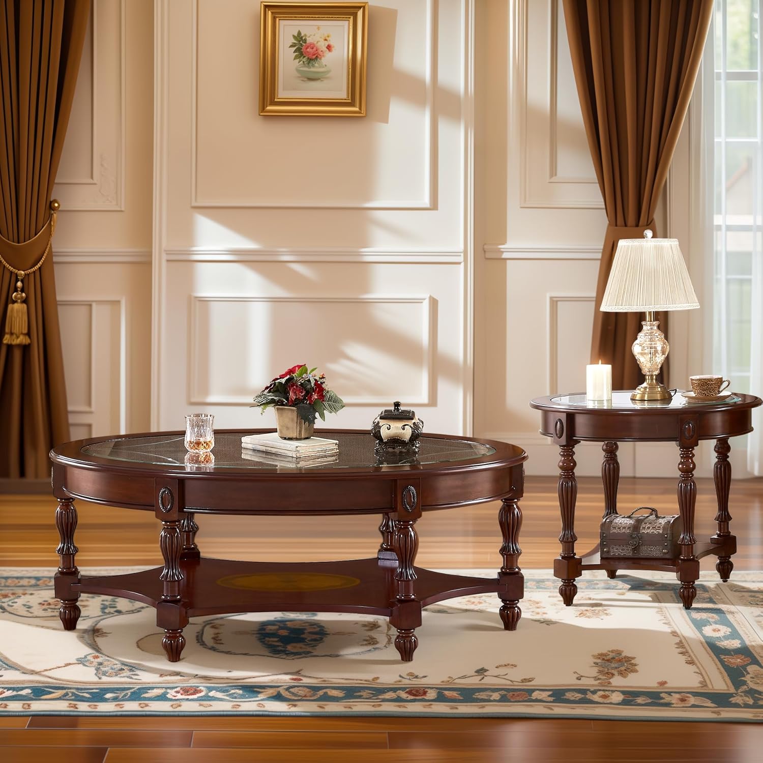 Gexpusm Oval Wood Table Set, Round Wood Coffee Table for