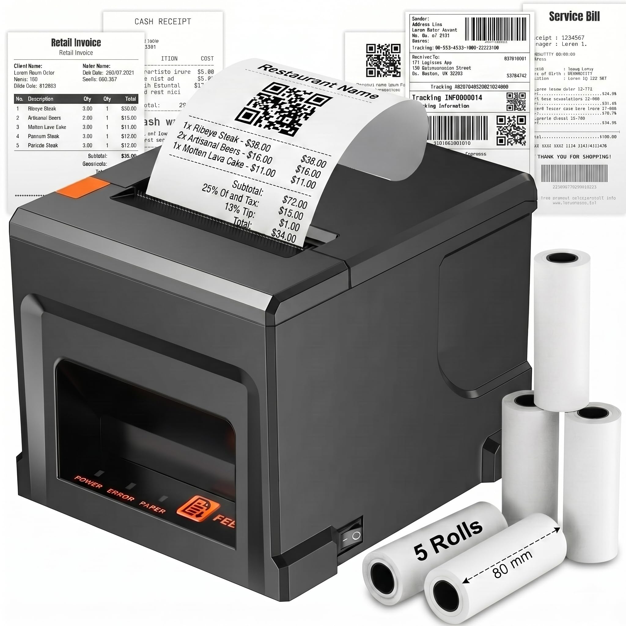 Impresora POS 80mm con 5 Rollos de Papel y Bluetooth para PC - Autocortador, USB/LAN, 300mm/s - para Restaurante, Bar, Tienda