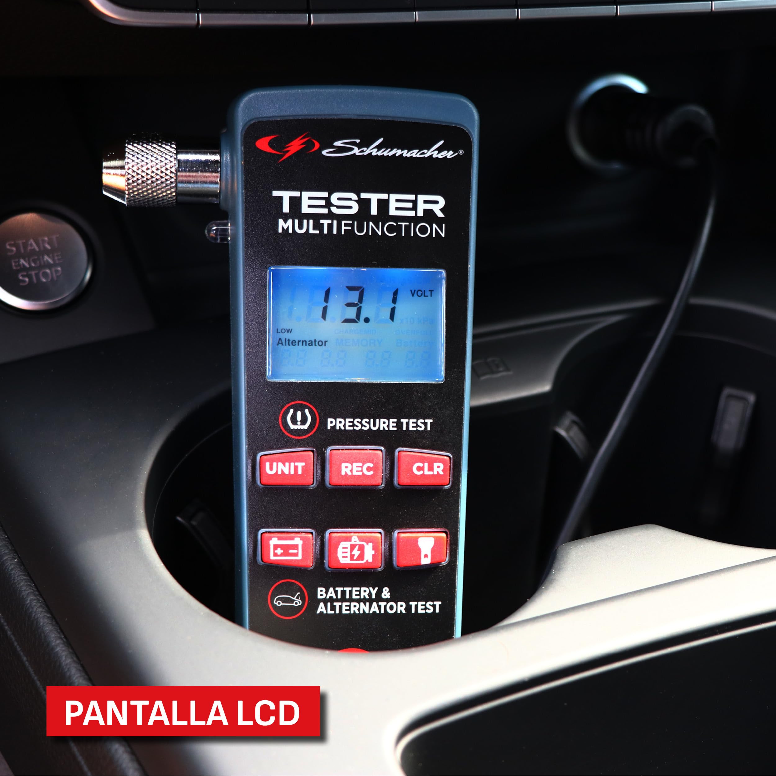 Schumacher Electric XP200 - Comprobador 3 en 1 Batería 12V, Alternador y Presión de Neumáticos - Compacto, Portátil, Mechero - Linterna LED Integrada | Alternador, Presión de los neumáticos, Super compacto portátil, Encendedor de cigarrillos, Lámpara LED