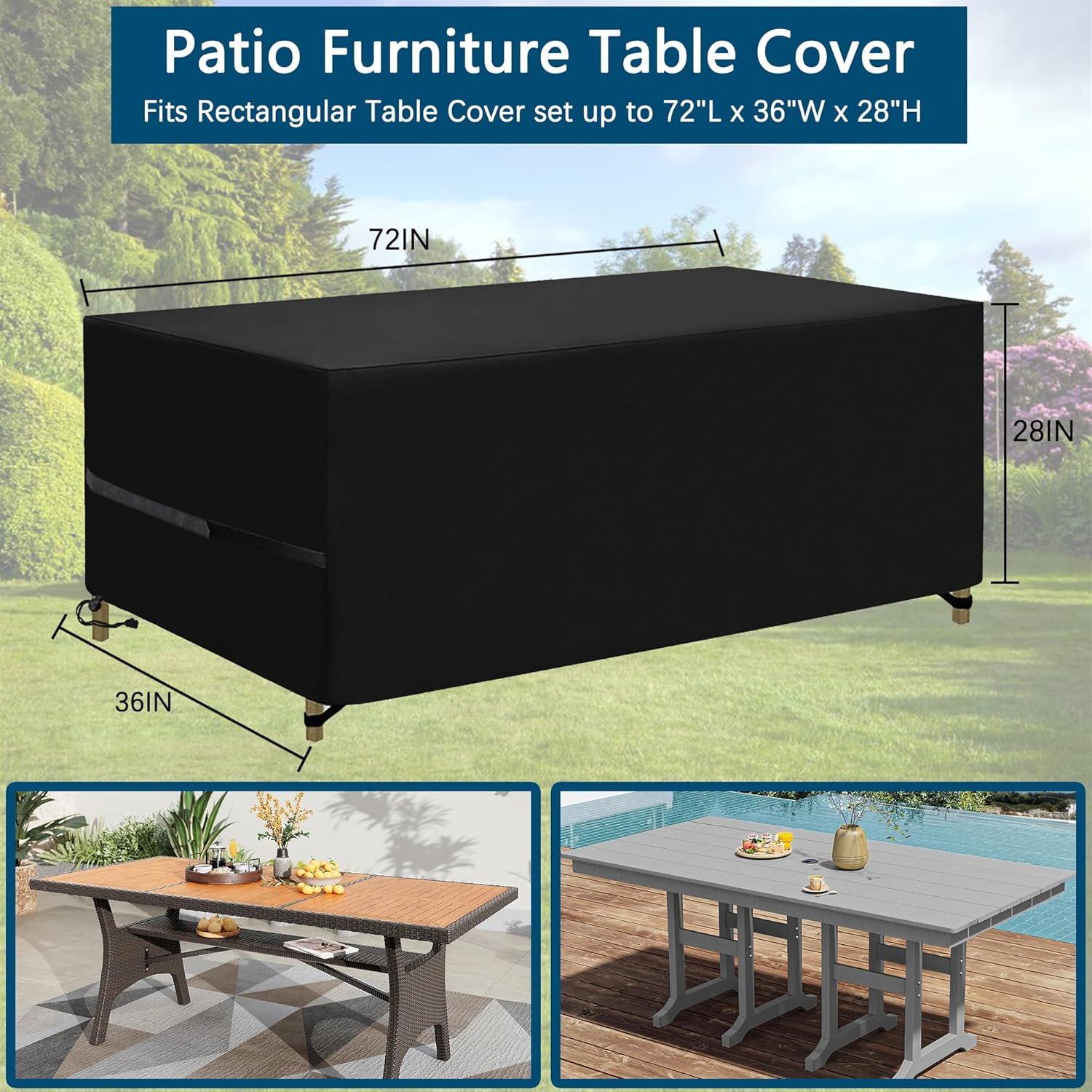 Patio Table Covers, Rectangular Outdoor Dining Table Cover, 600D Oxford Waterproof Coffee Table Covers, Dustproof Patio Furniture Cover All Weather Protection (Black, 72"L X36"W X28"H)