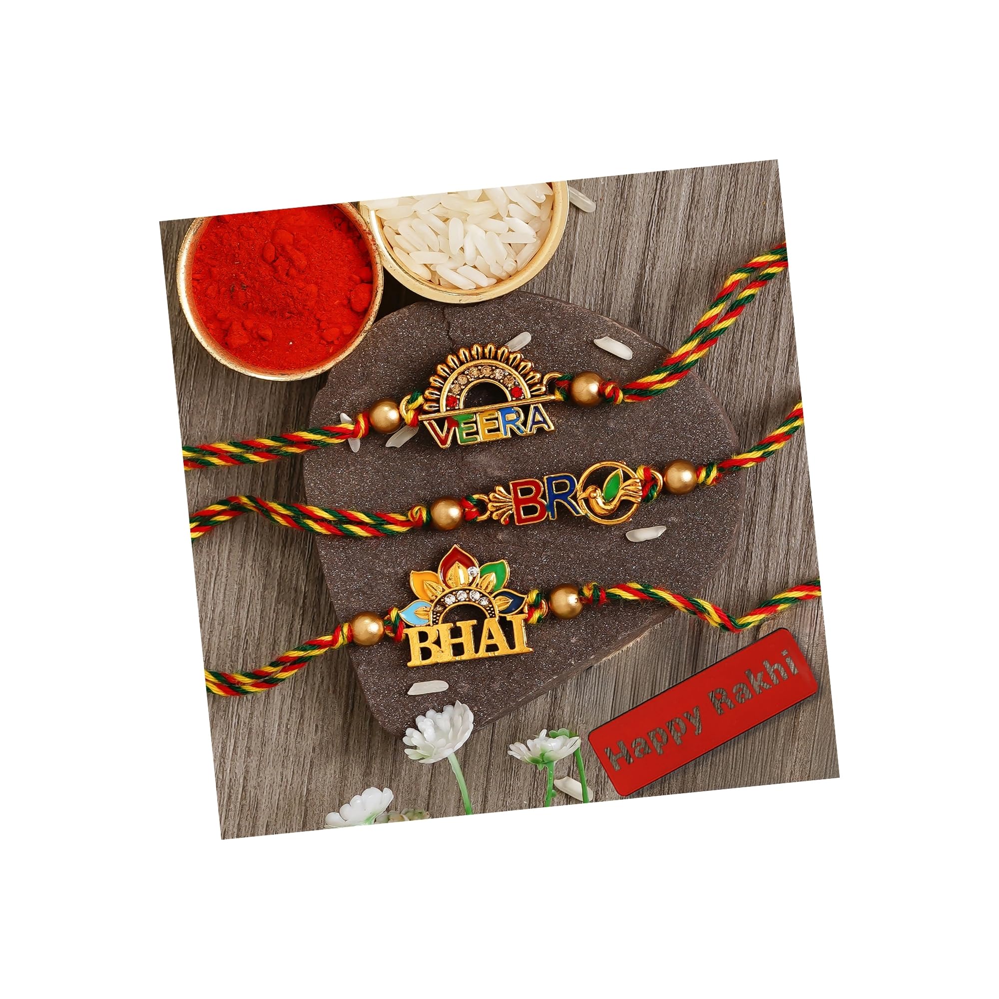 eCraftIndia Set of 3 Multicolor Veera, Bro, Bhai, Brother Theme Fancy Designer Rakhis, Happy Rakhi Wooden Cutout with Roli Chawal Pack - Rakhi for Brother, Bhaiya, Bhai (B0D1CD4WJ1) Amazon Price History, Amazon Price Tracker