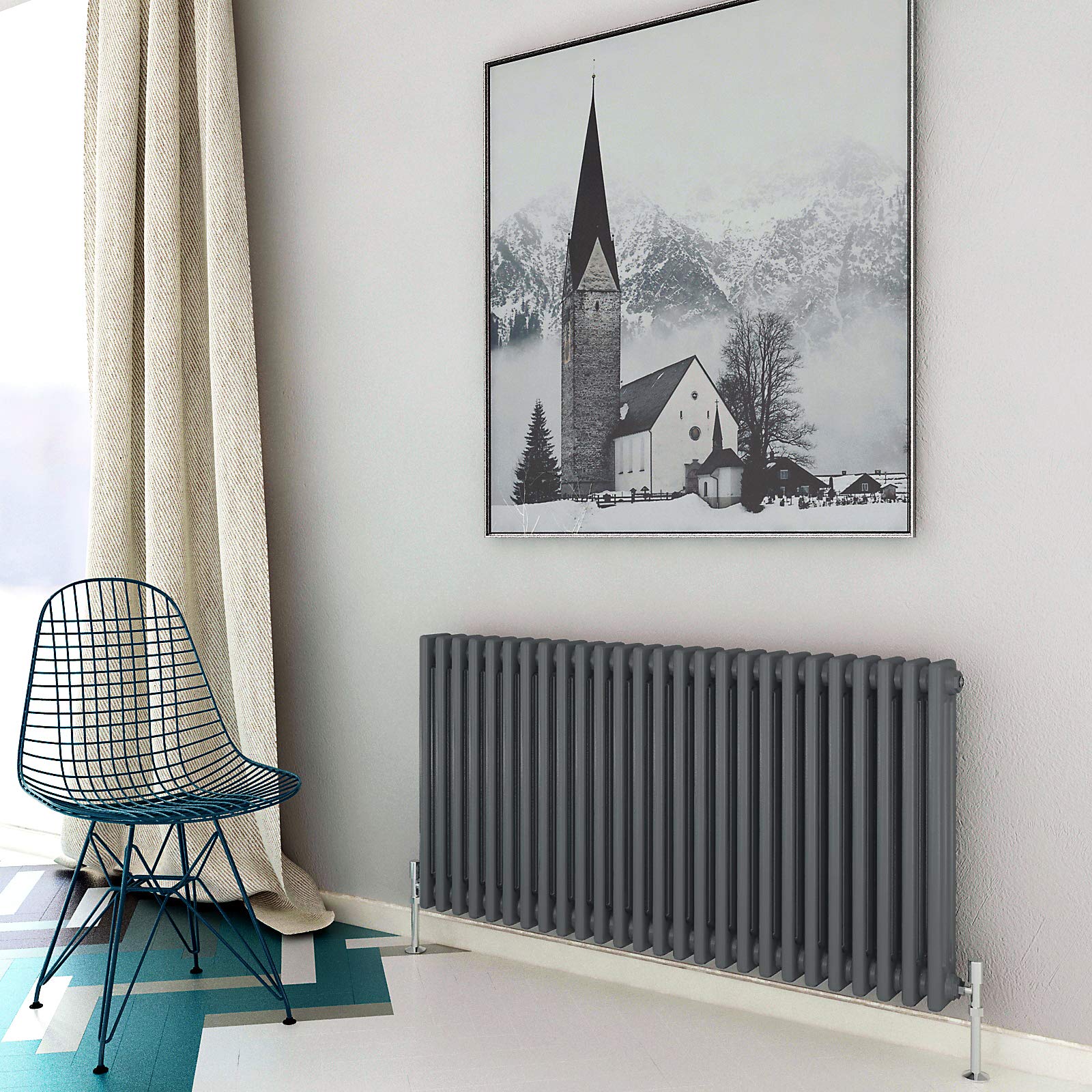 Acezanble∣3 Column Radiator, Horizontal 600mm Anthracite Wide Low Cast Iron Style Radiator Centre Heating for Window Hallway — image 1